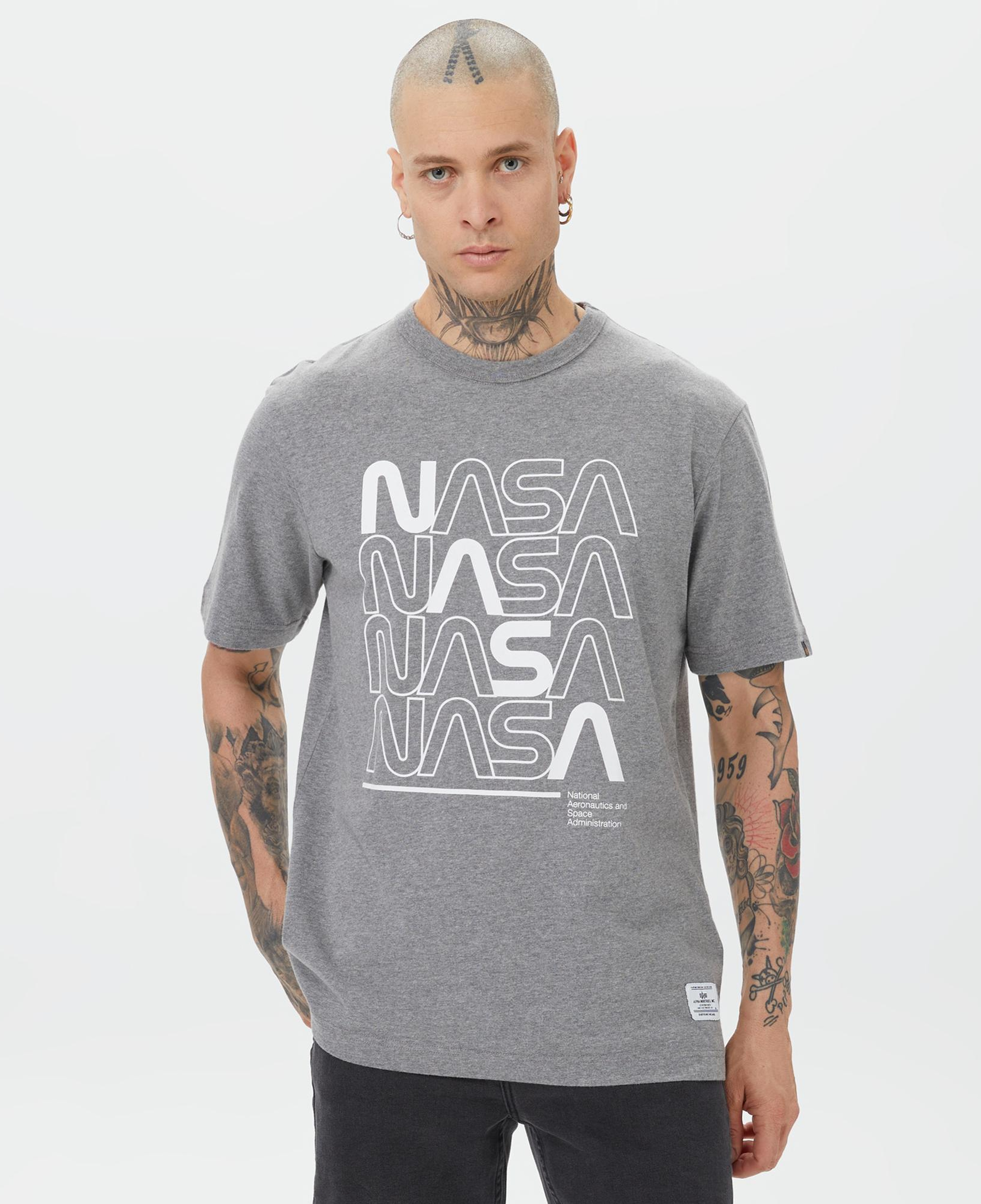 Alpha Industries Nasa Logo Print  Erkek Gri T-Shirt