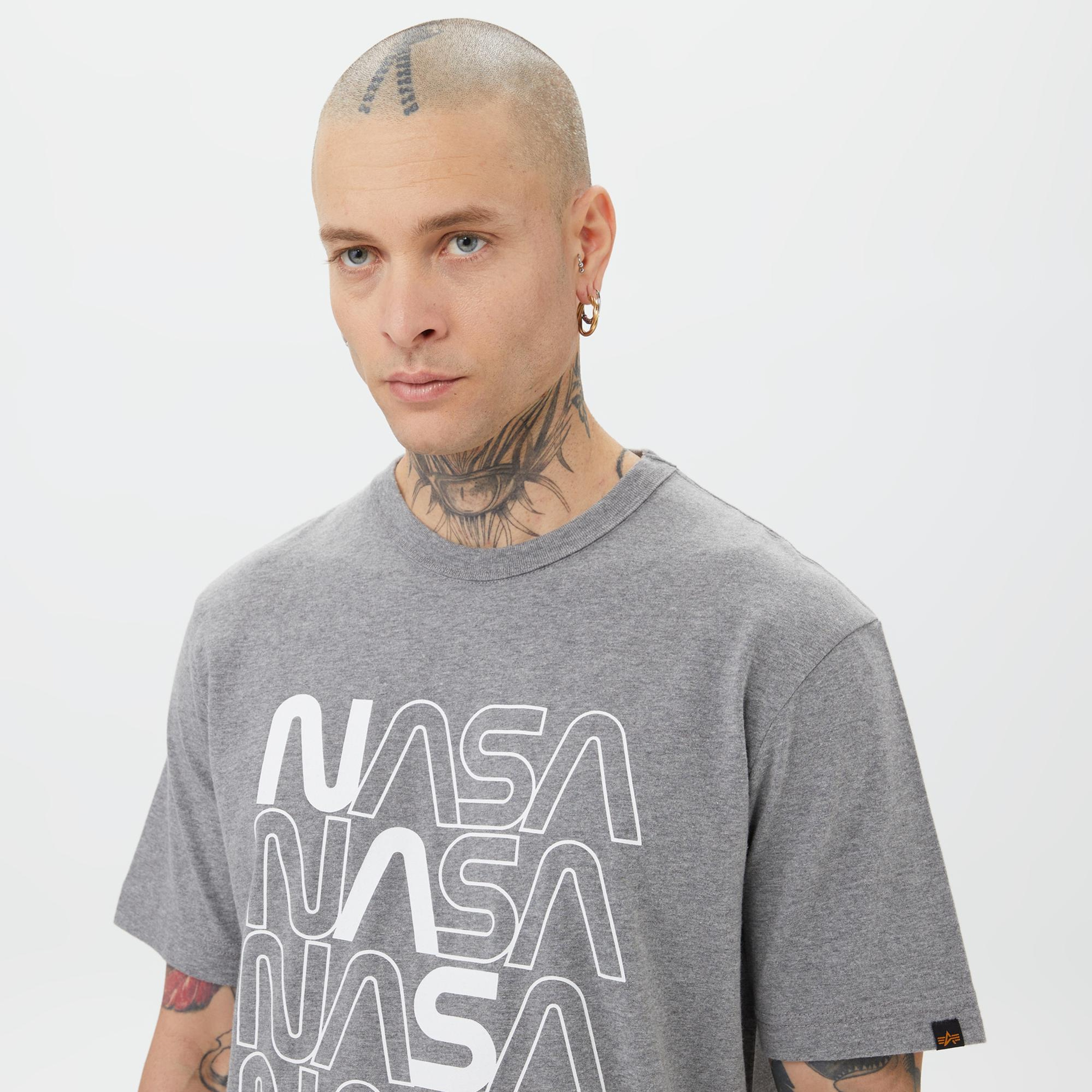 Alpha Industries Nasa Logo Print  Erkek Gri T-Shirt
