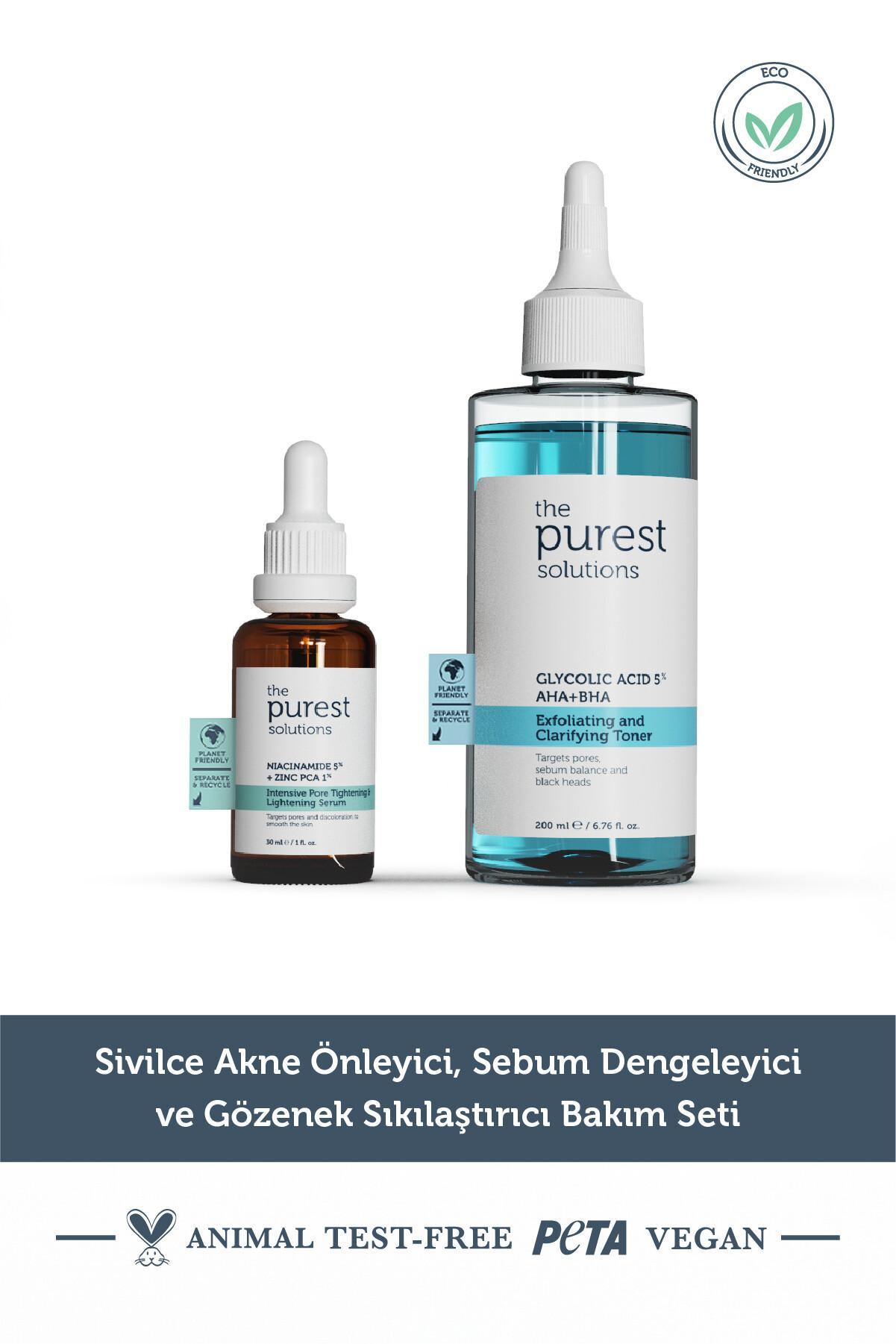 The Purest Solutions Sivilce Akne Karşıtı Sebum Dengeleme ve Gözenek Sıkılaştırmaya Yardımcı Bakım Seti 30 ml + 200 ml