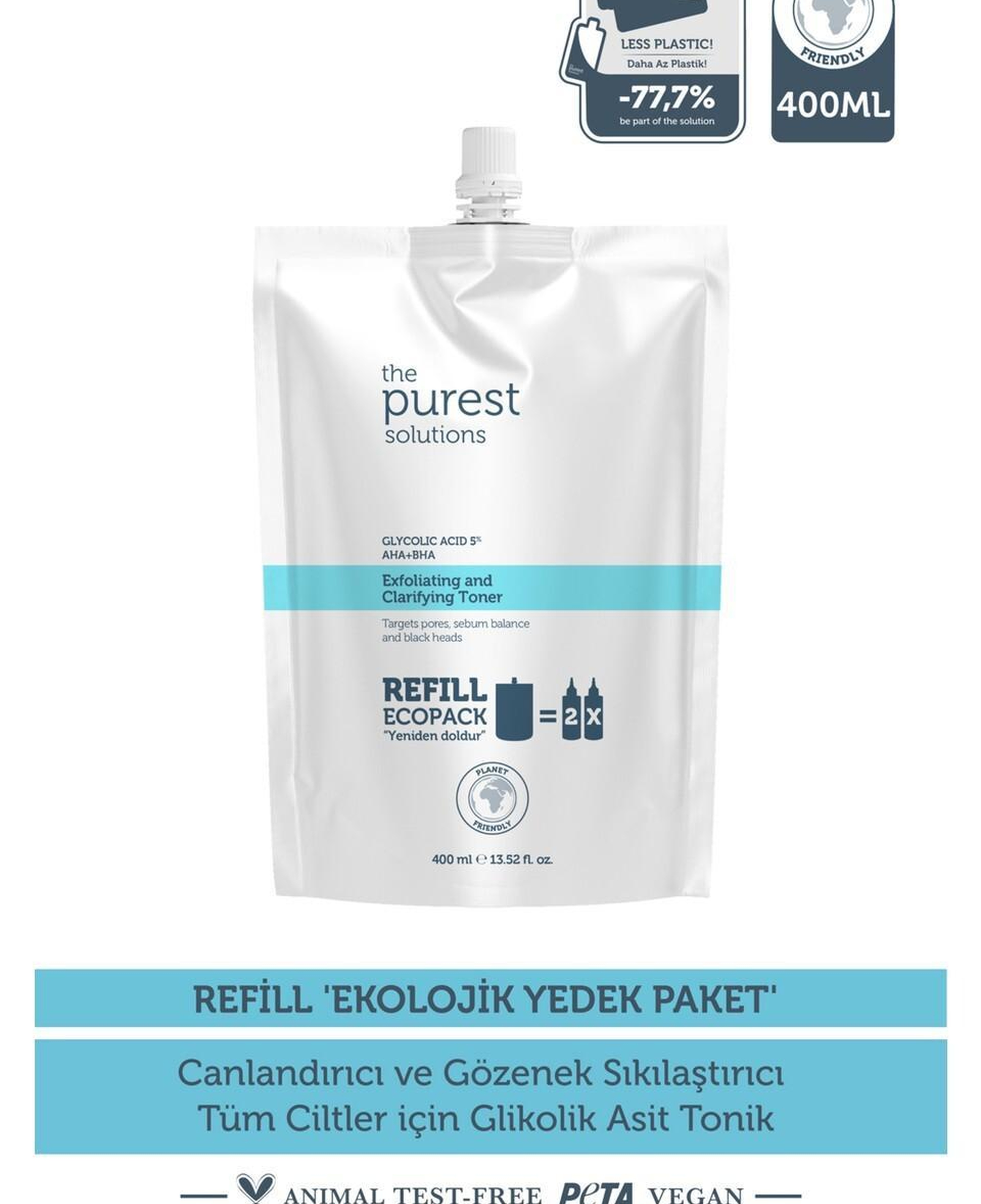 The Purest Solutions Canlandırıcı,Gözenek Sıkılaştırıcı Tüm Ciltler Için Glikolik Asit Tonik Ekolojik Yedek Paket 400 Ml