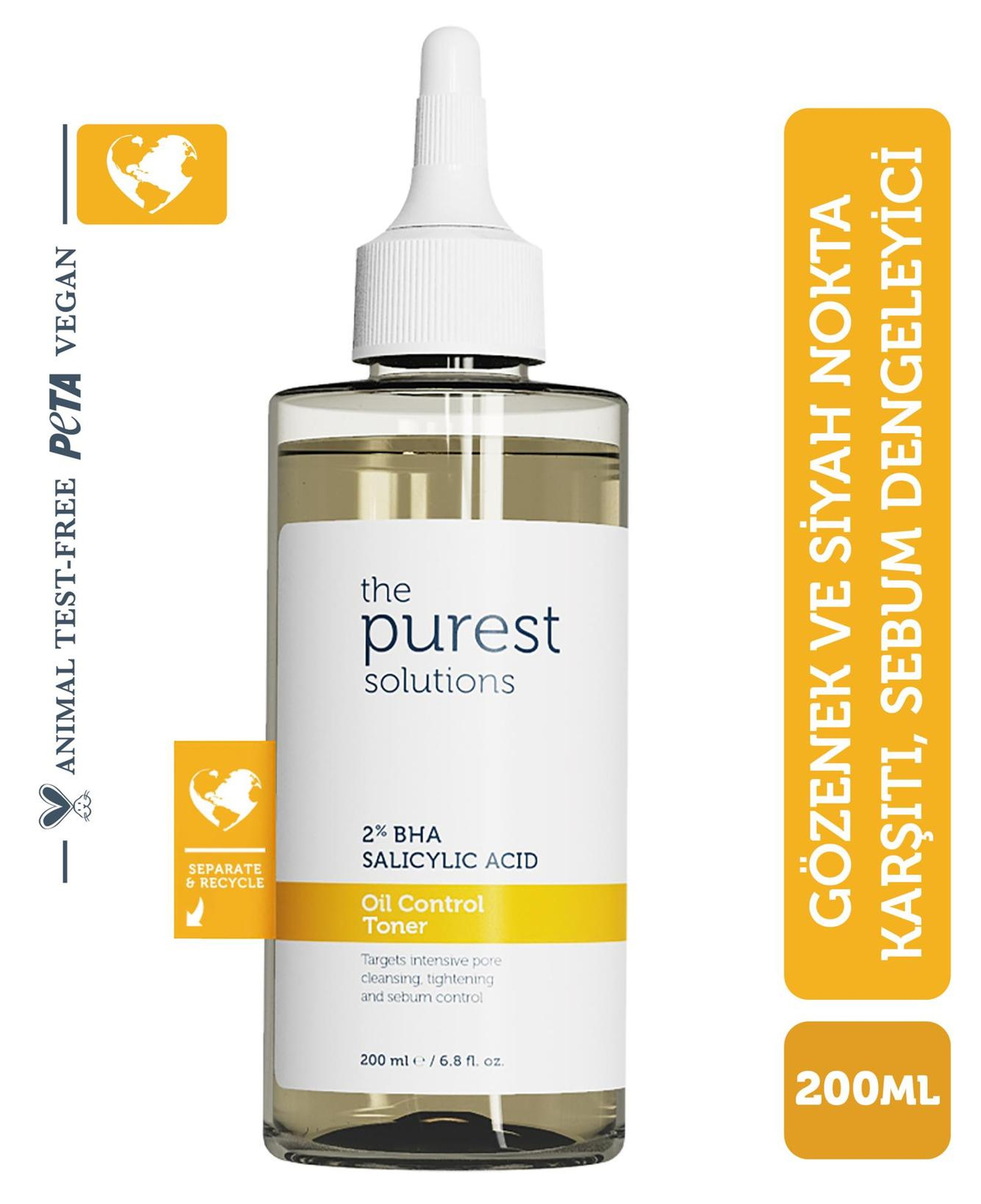 The Purest Solutions BHA %2 Oil Control Toner & Siyah Nokta Hedefli, Yağlanma Dengeleyici, Gözenek Sıkılaştırıcı Tonik 200 ML