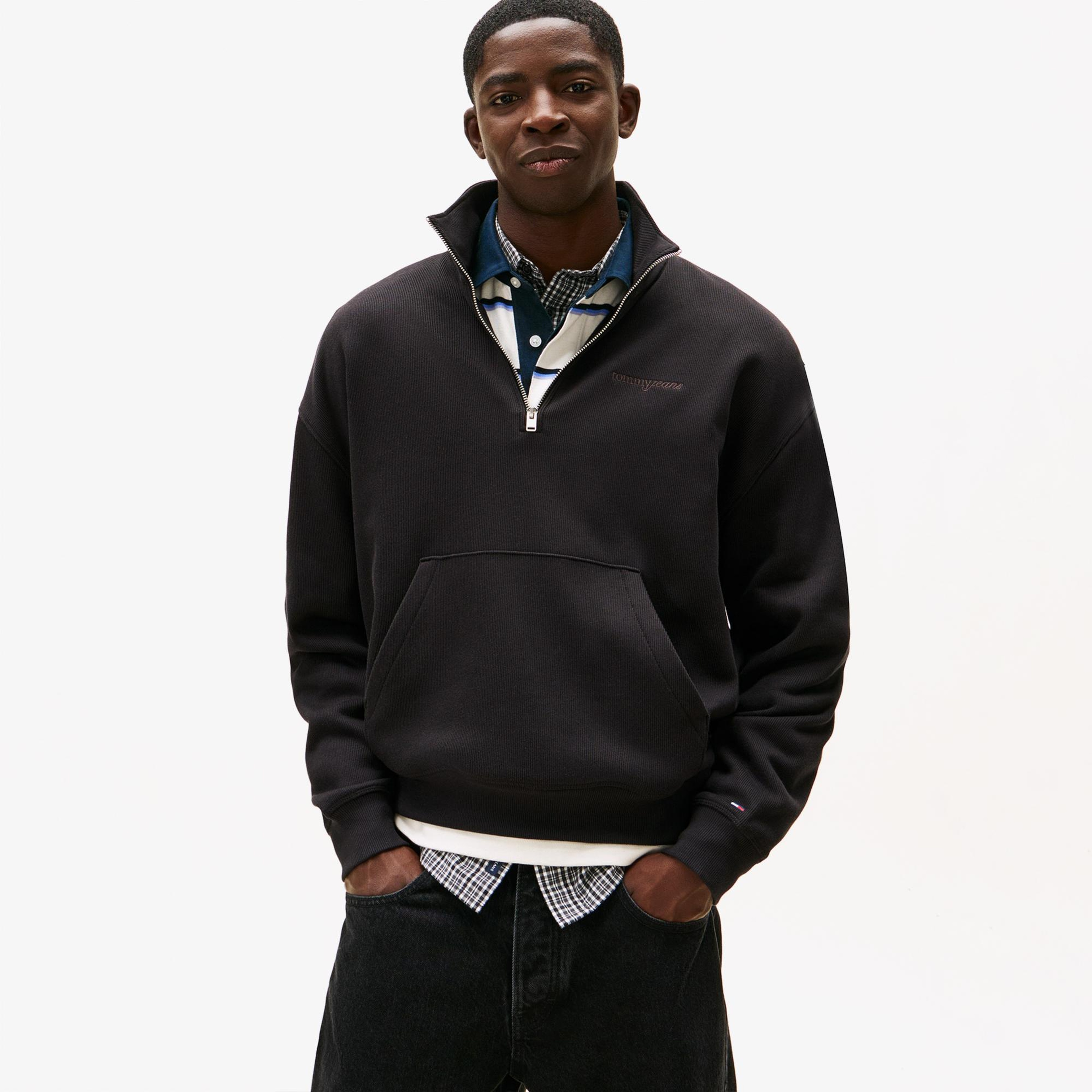 Tommy Hilfiger Jeans 90s Script Rib Fleece Erkek Siyah Sweatshirt