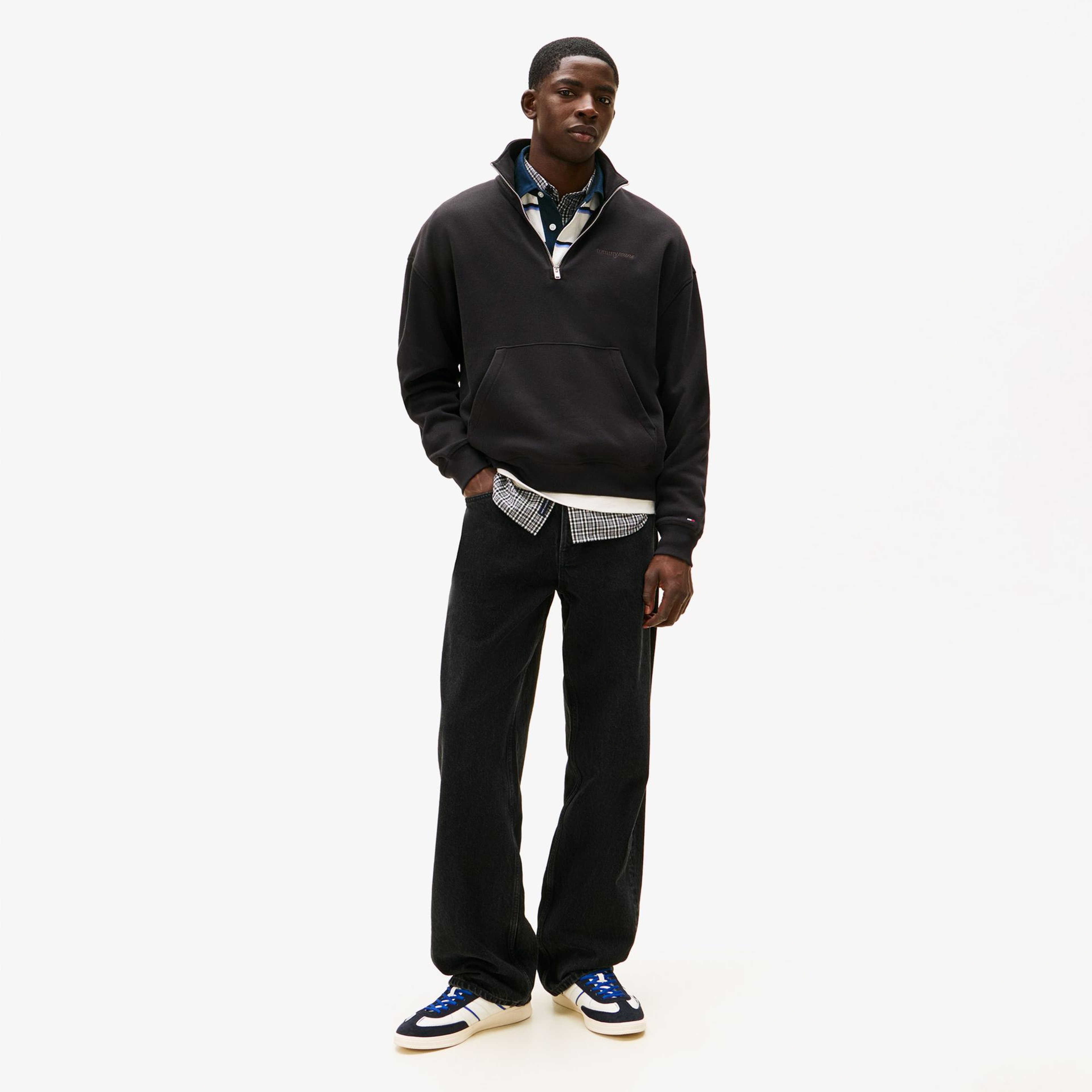 Tommy Hilfiger Jeans 90s Script Rib Fleece Erkek Siyah Sweatshirt