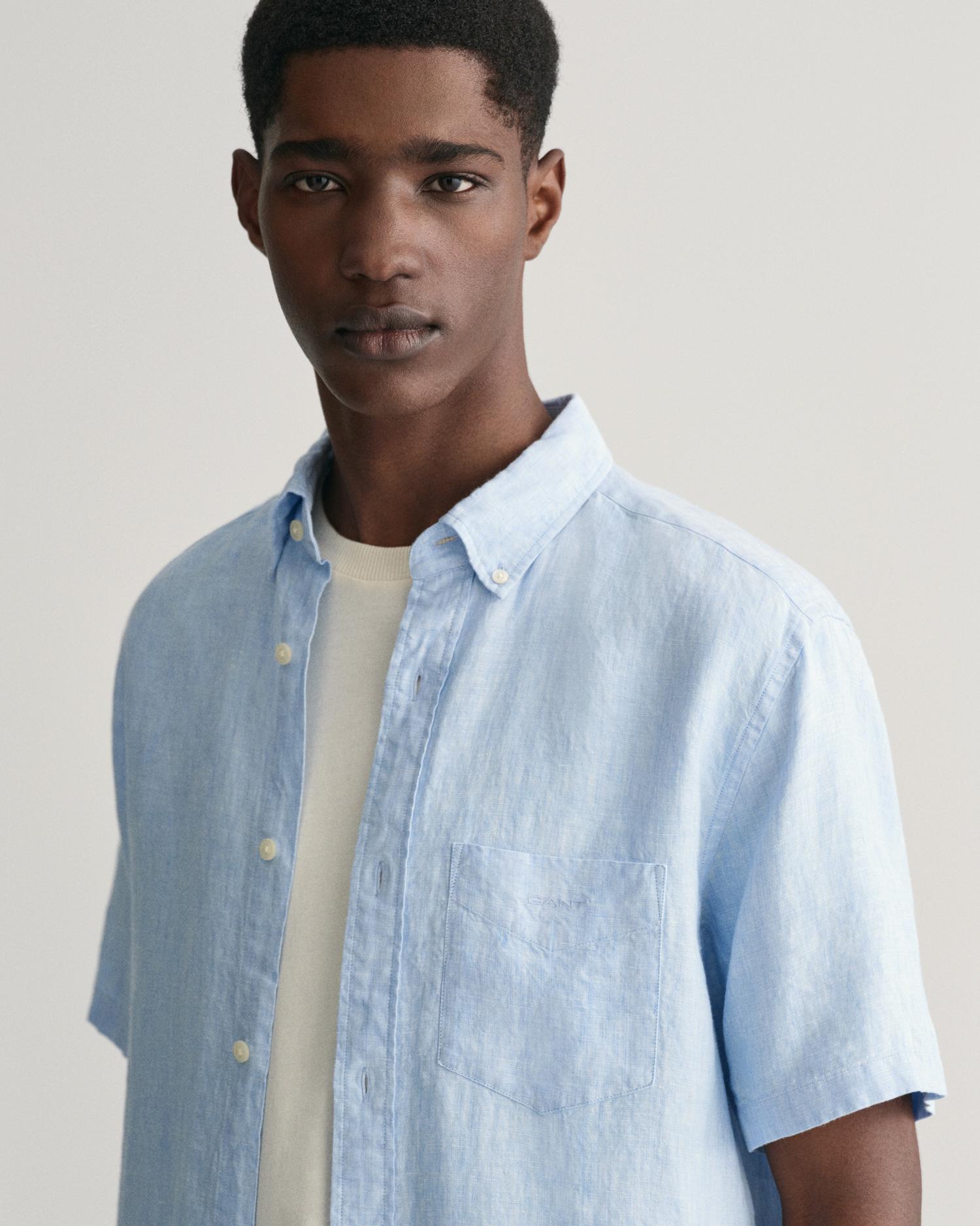 GANT Erkek Mavi Regular Fit Düğmeli Yaka Keten Gömlek