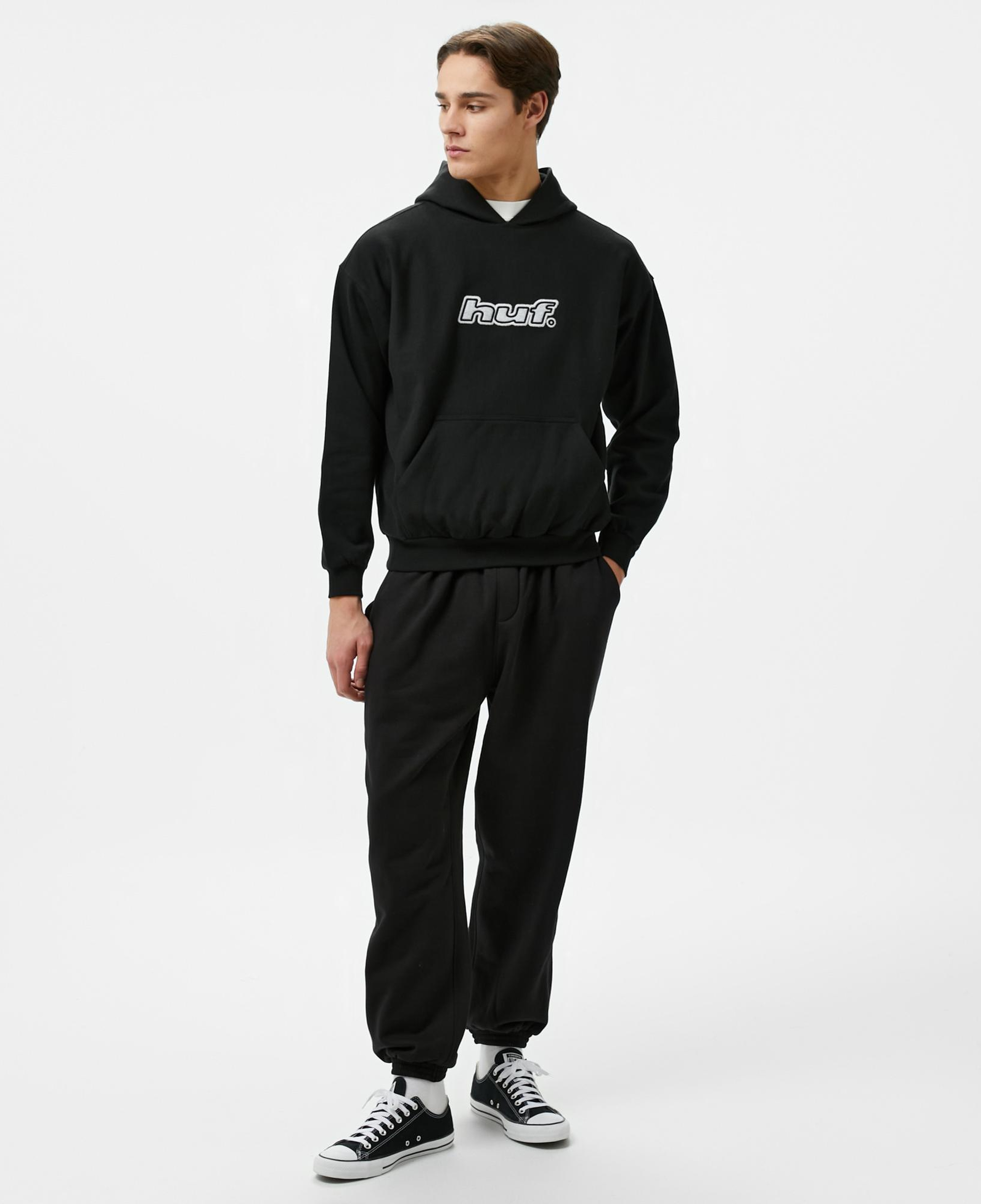 Huf Logo Applique Hooded Fleece Erkek Siyah Hoodie