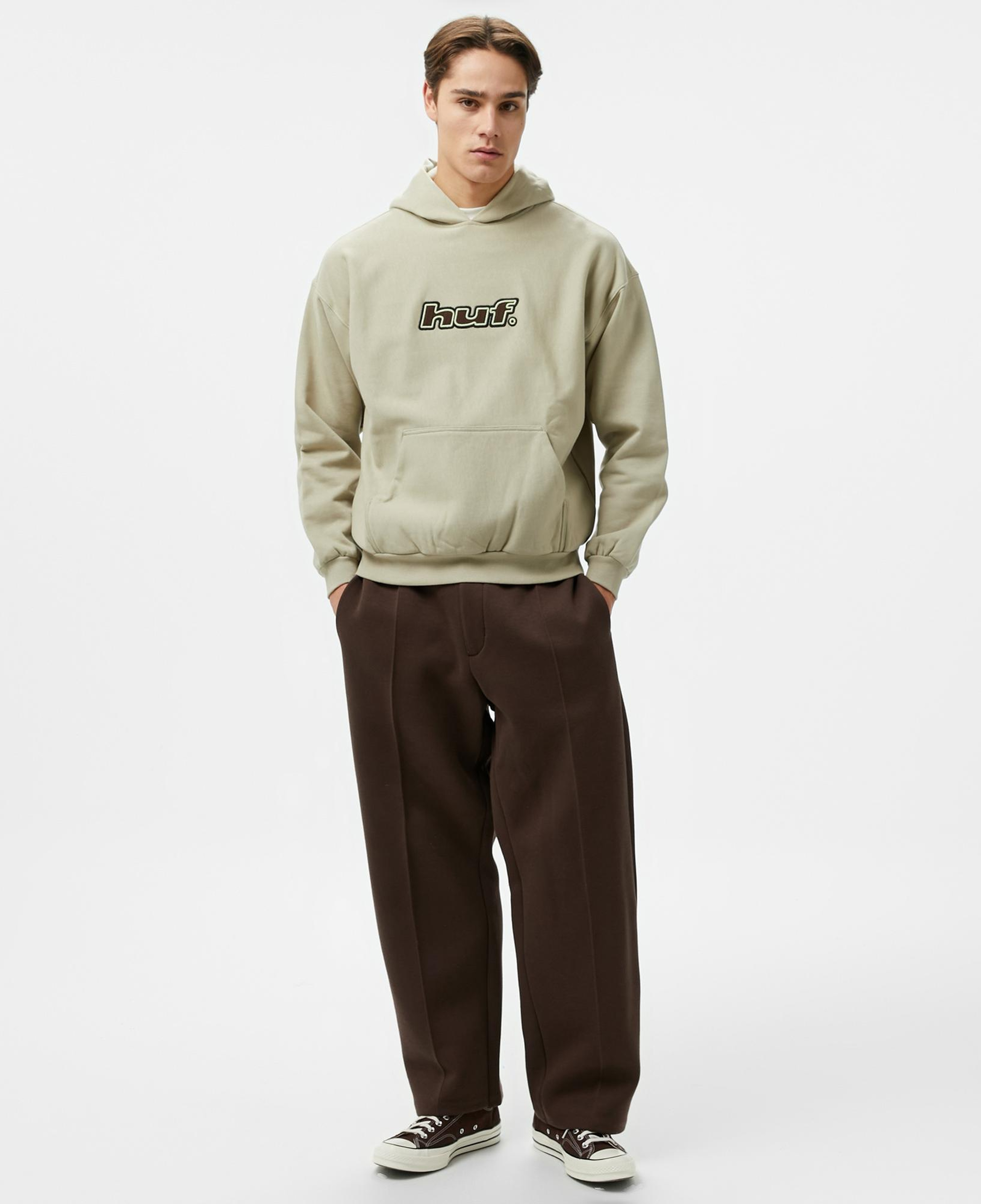 Huf Logo Applique Hooded Fleece Erkek Bej Hoodie