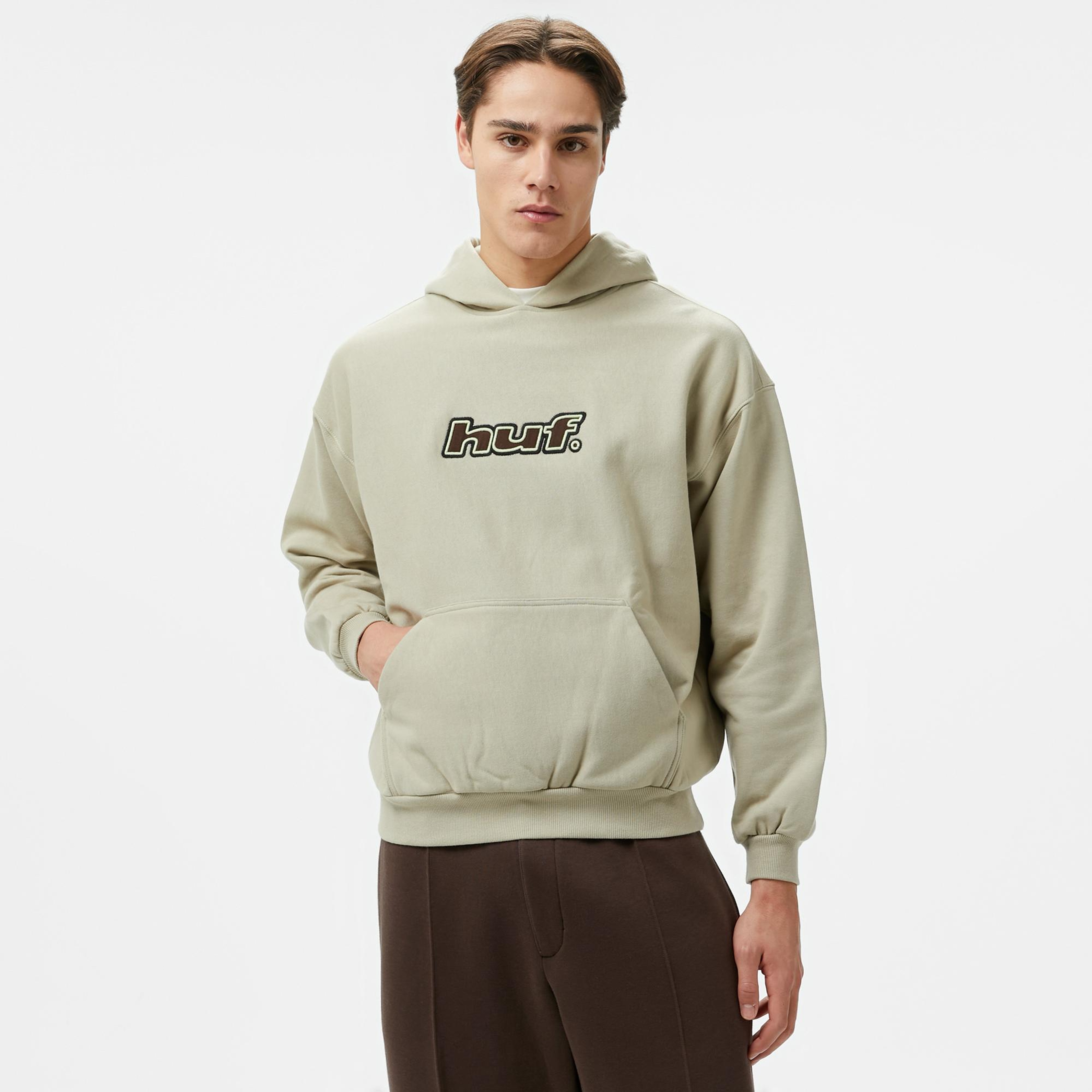 Huf Logo Applique Hooded Fleece Erkek Bej Hoodie