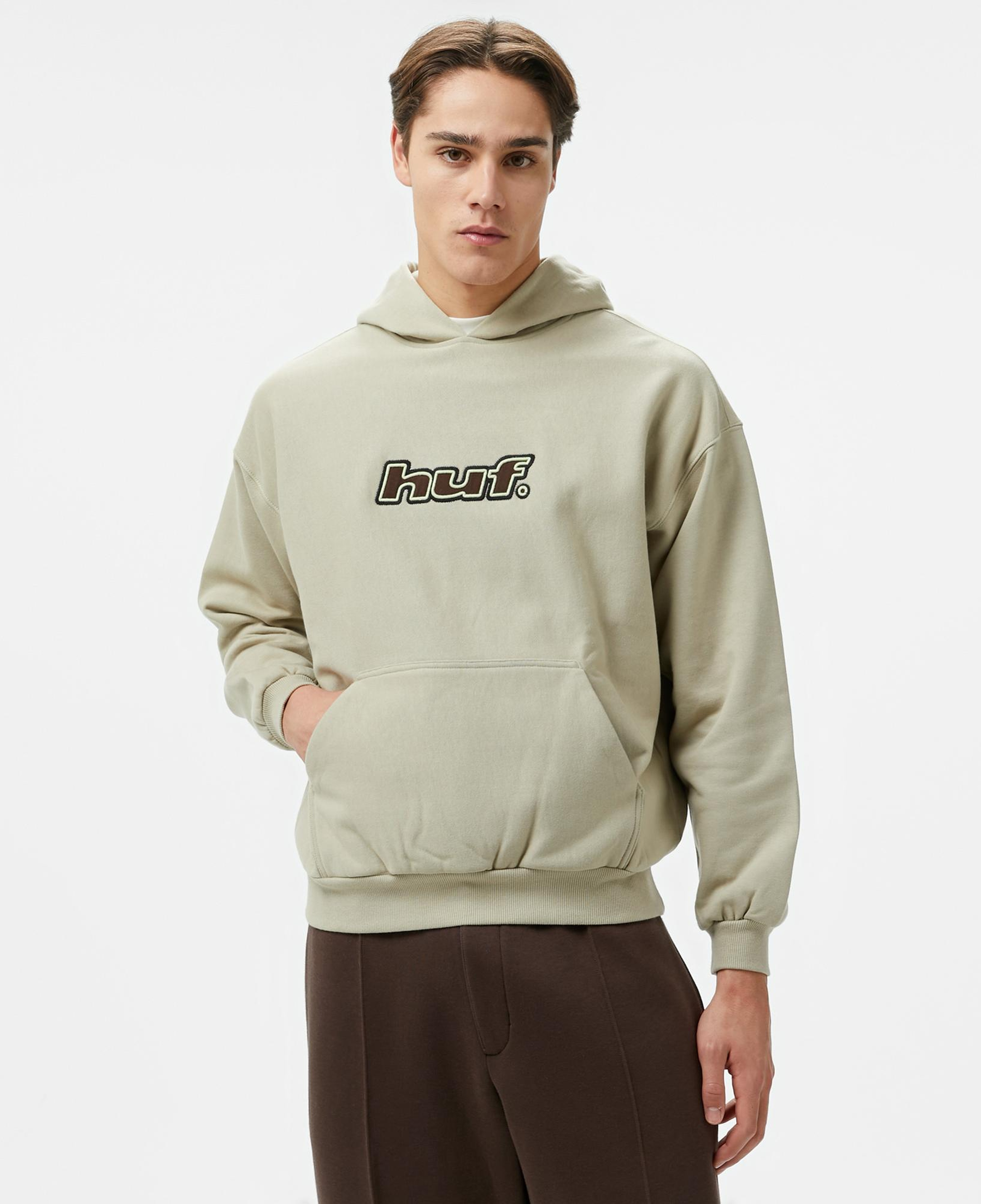 Huf Logo Applique Hooded Fleece Erkek Bej Hoodie