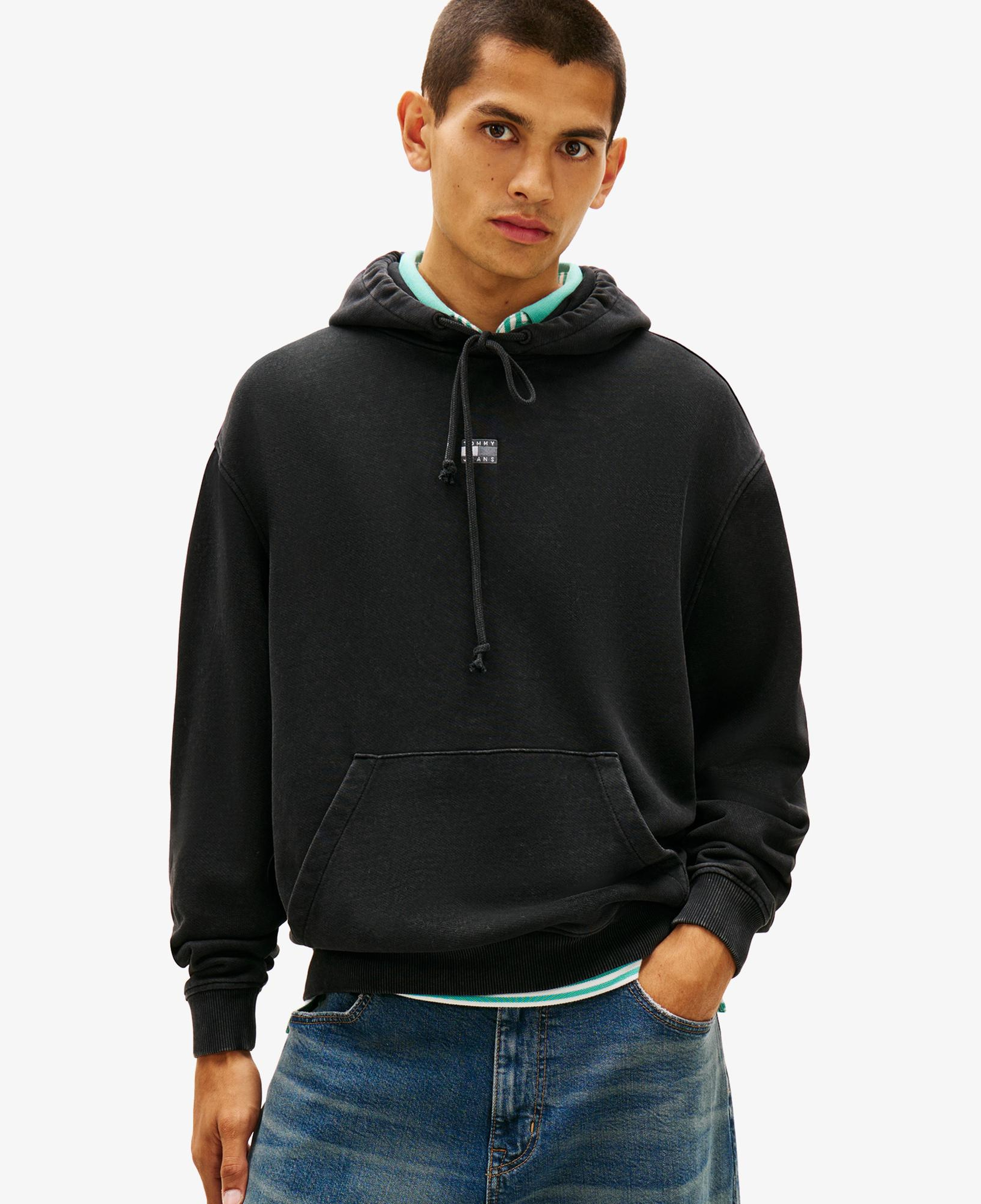 Tommy Hilfiger Relaxed Overdyed Flag Hood Erkek Siyah Sweatshirt