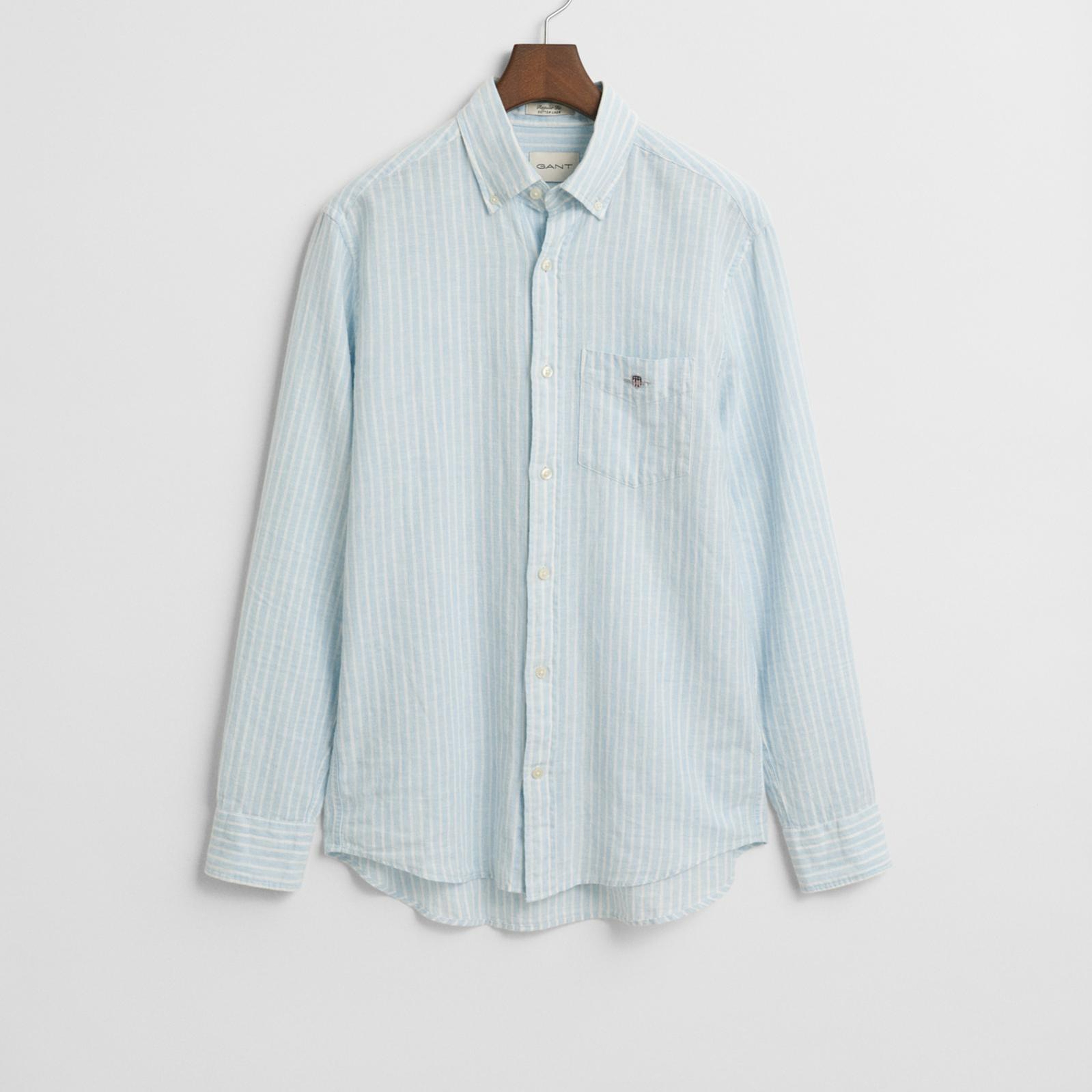GANT Erkek Mavi Regular Fit Düğmeli Yaka Çizgili Keten Gömlek