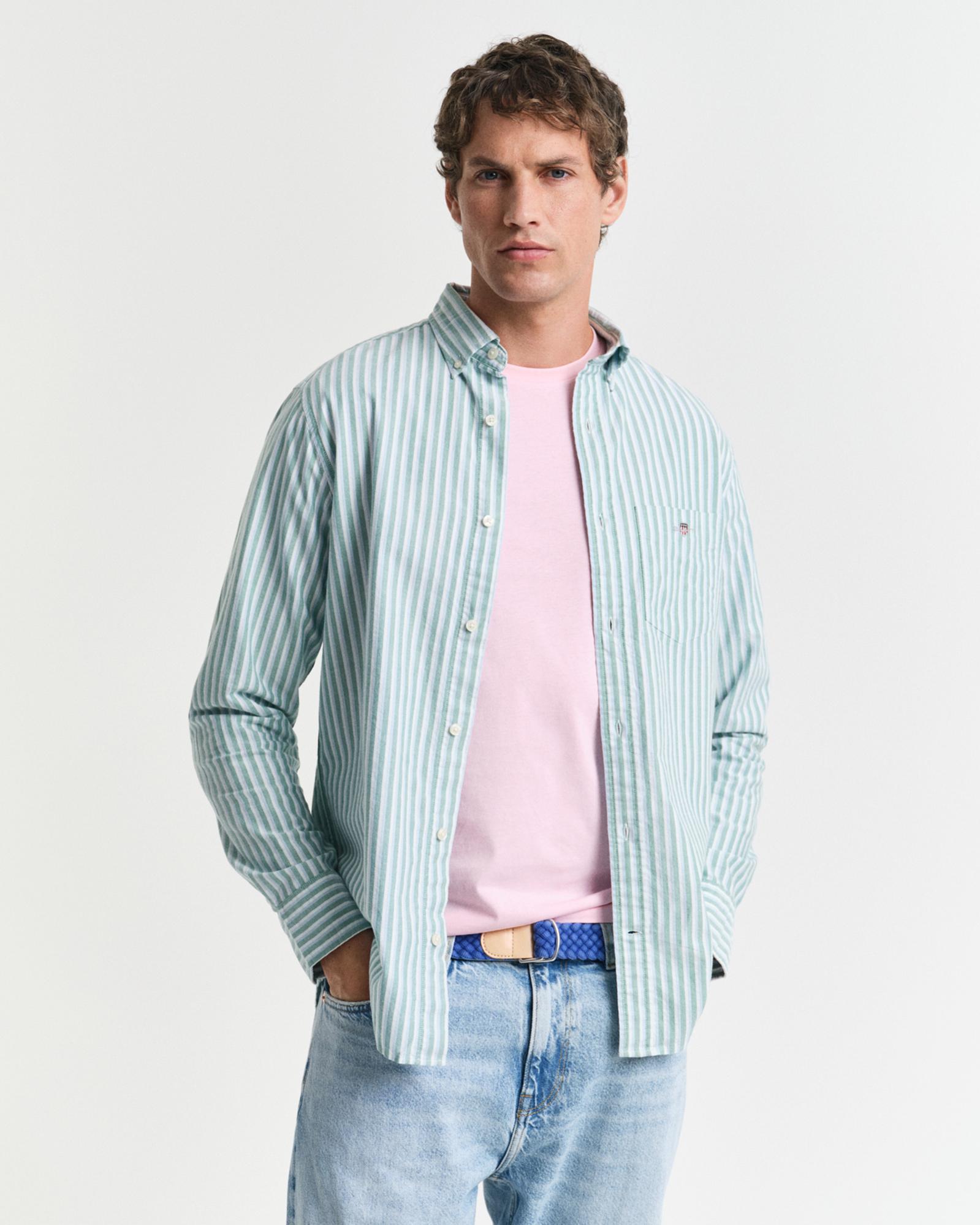 GANT Erkek Yeşil Regular Fit Çizgili Logolu Gömlek