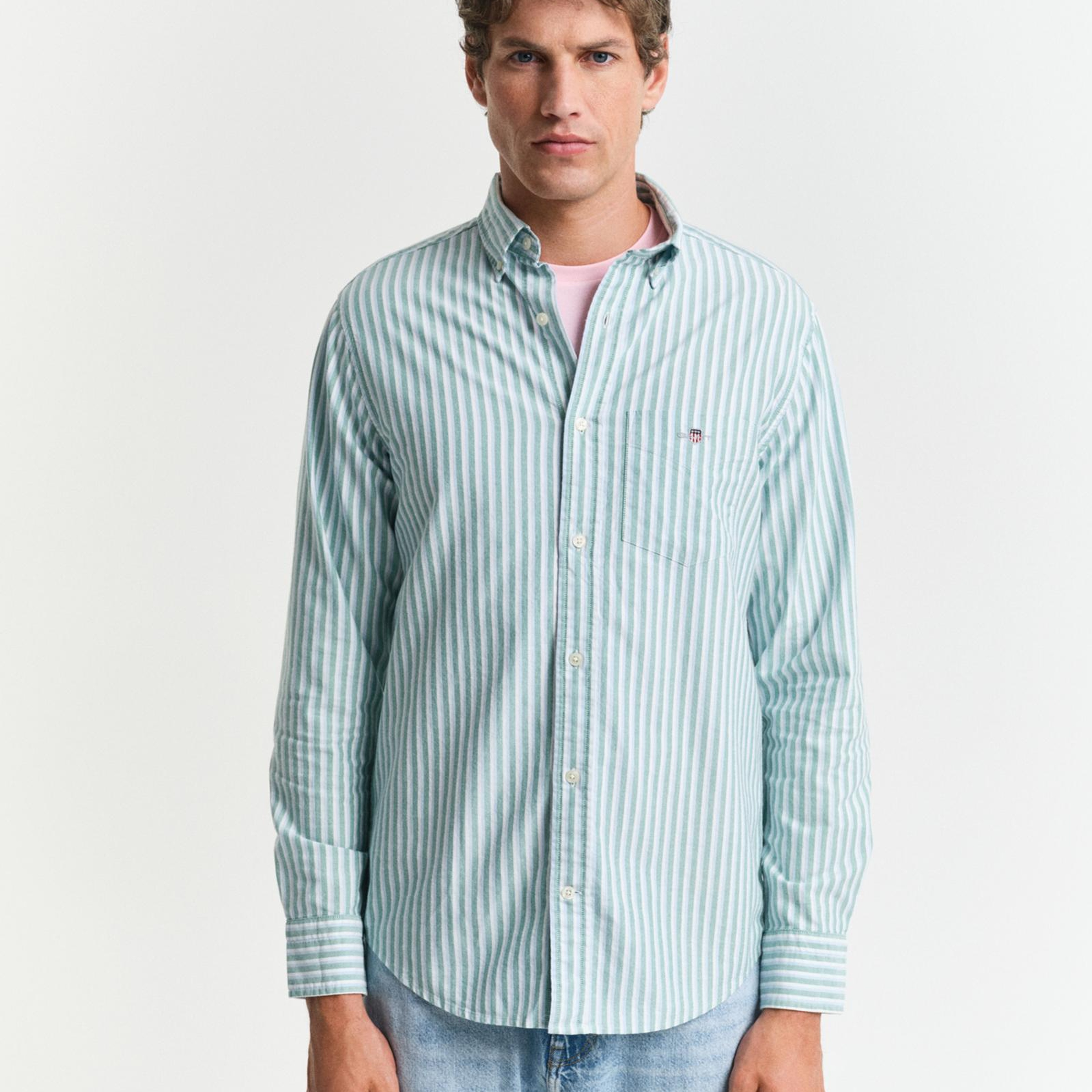 GANT Erkek Yeşil Regular Fit Çizgili Logolu Gömlek