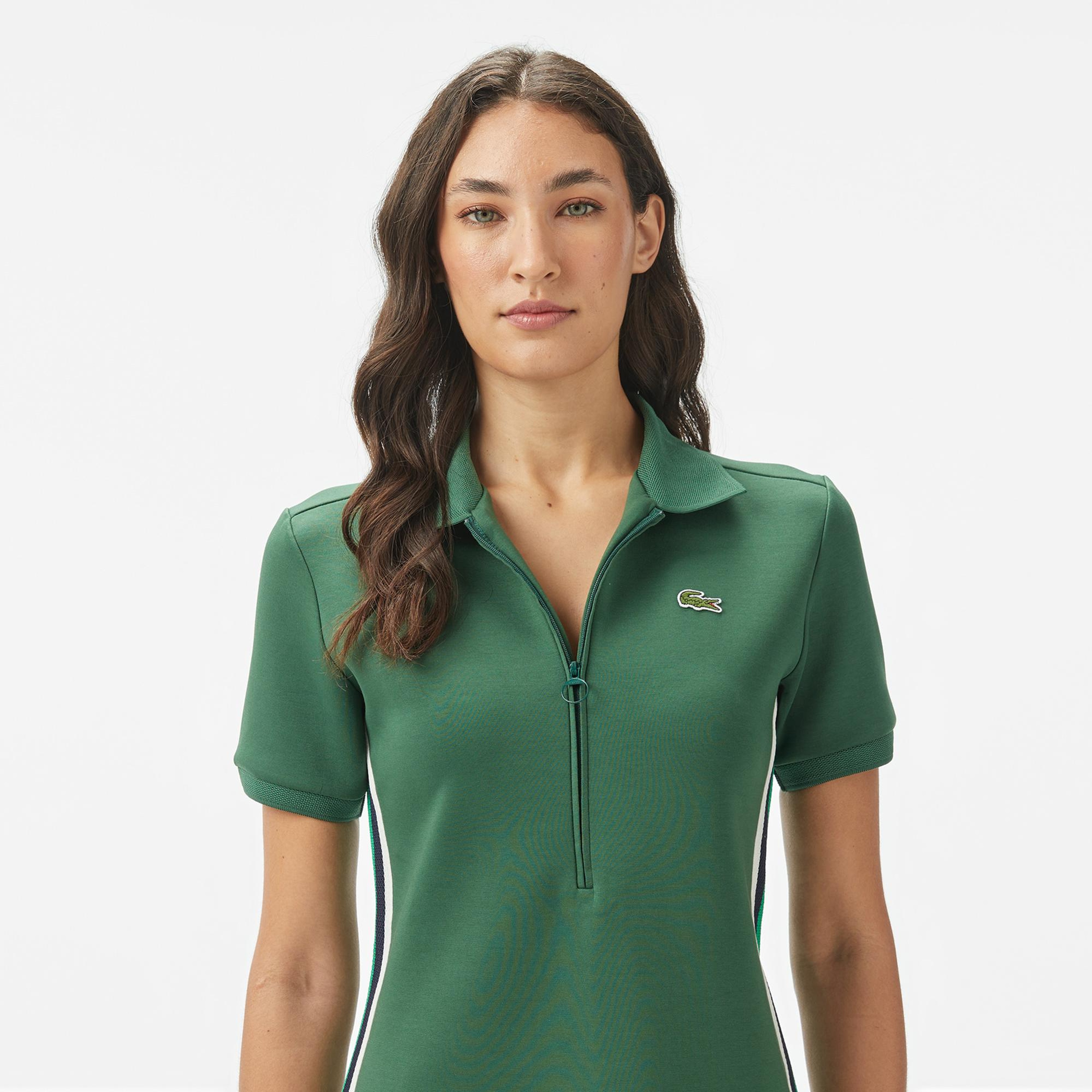 Lacoste Kadın Classic Fit Kısa Kollu Yarım Fermuarlı Renk Bloklu Koyu Yeşil Elbise
