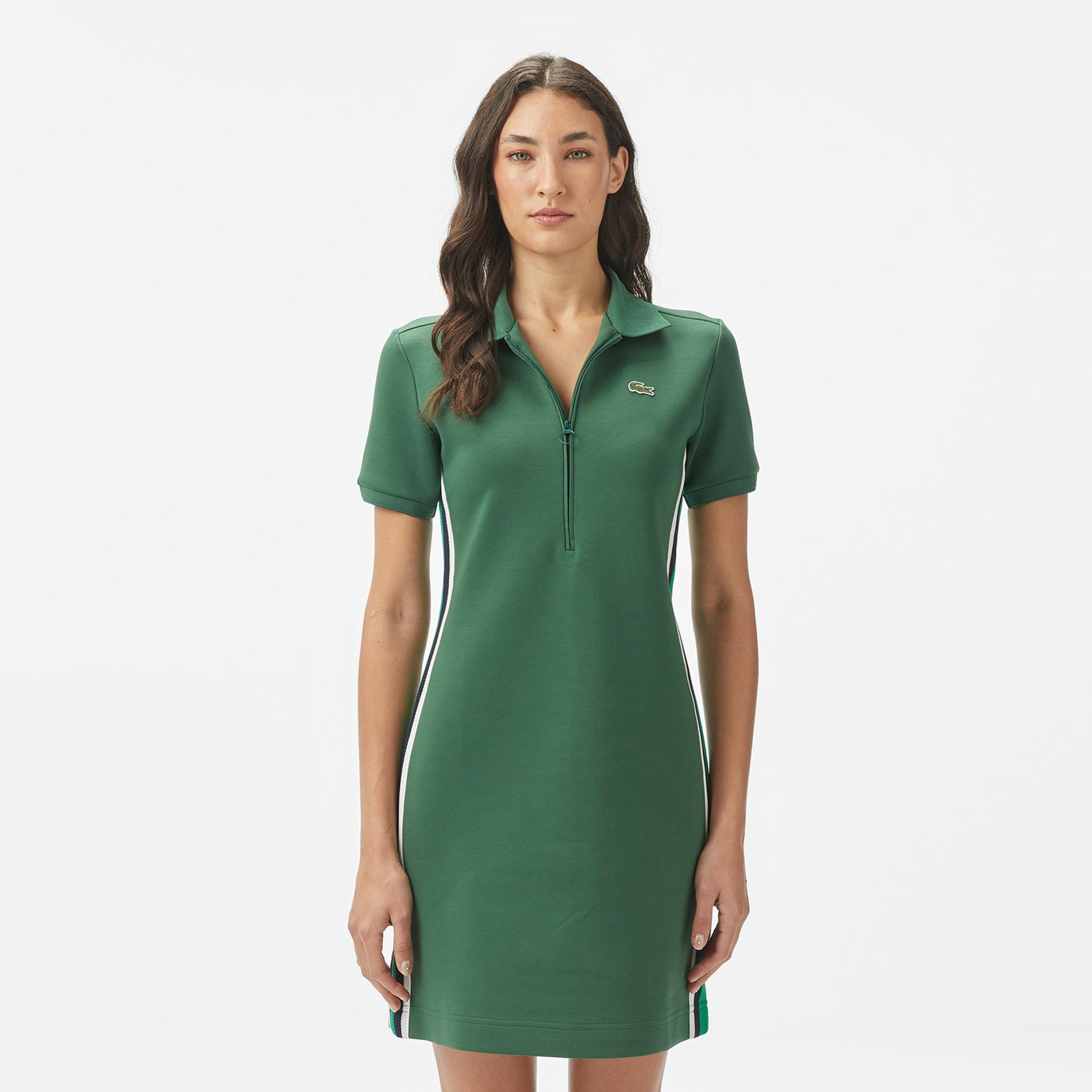 Lacoste Kadın Classic Fit Kısa Kollu Yarım Fermuarlı Renk Bloklu Koyu Yeşil Elbise