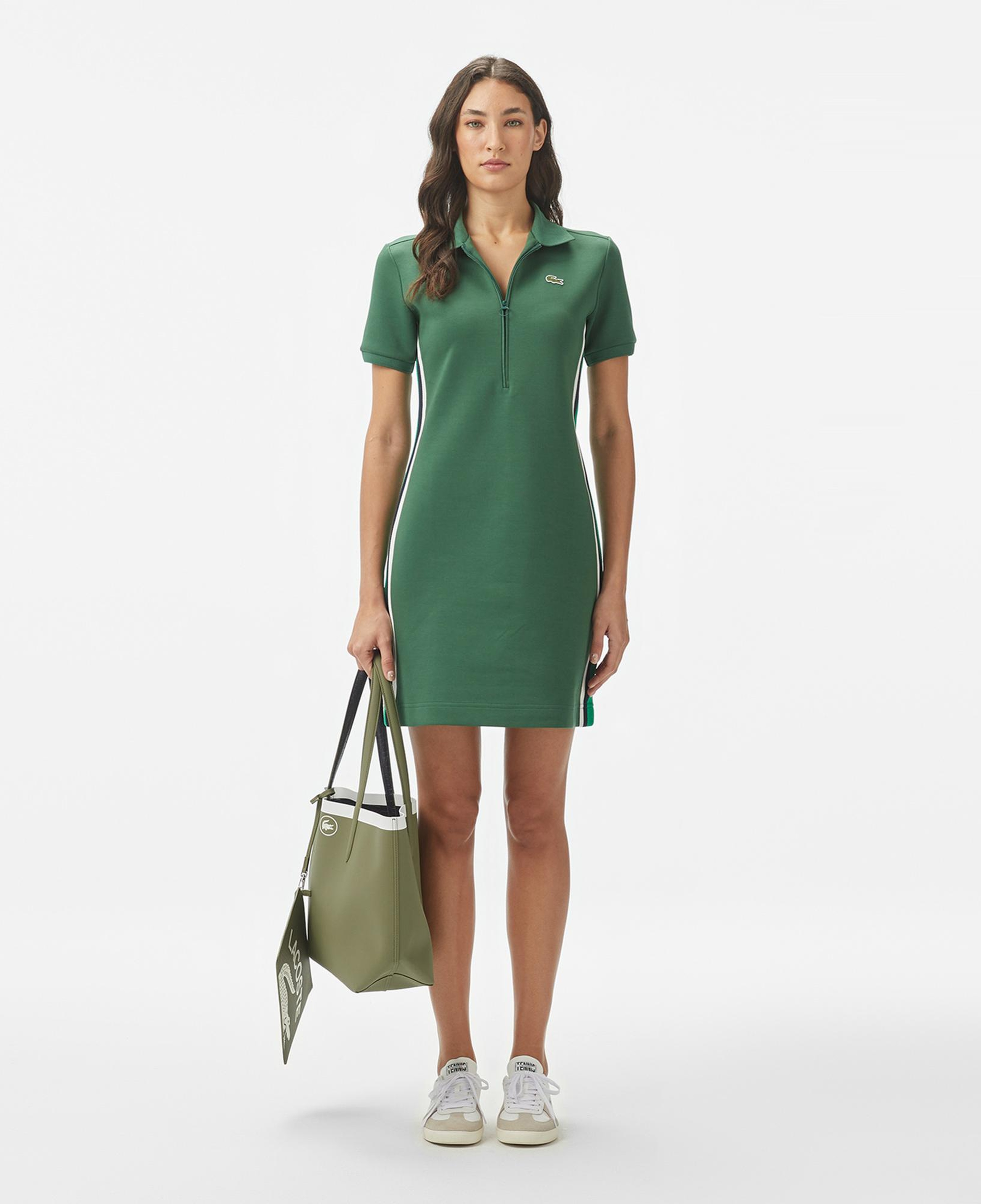 Lacoste Kadın Classic Fit Kısa Kollu Yarım Fermuarlı Renk Bloklu Koyu Yeşil Elbise