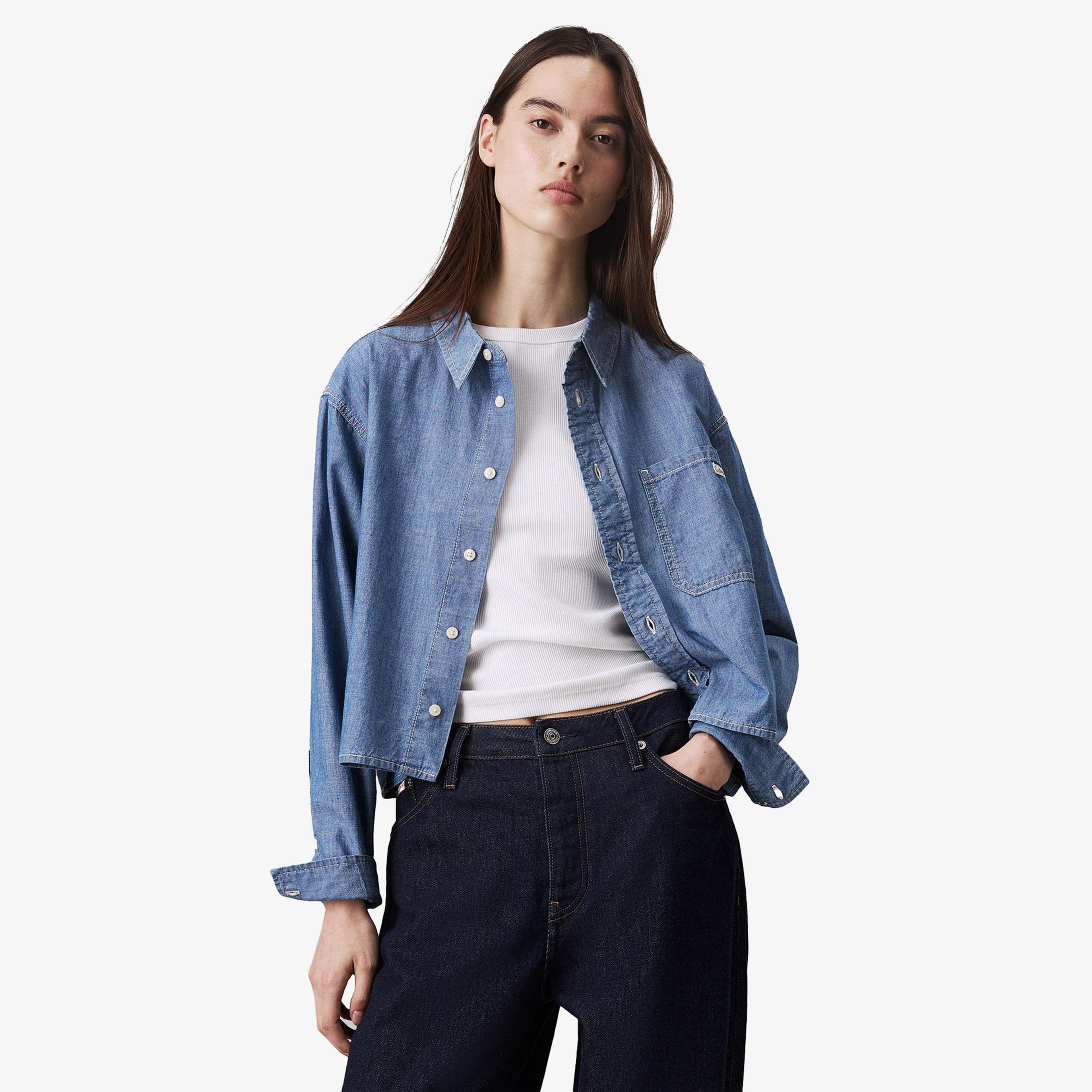 Calvin Klein Cropped Dad Denim Kadın Mavi Gömlek