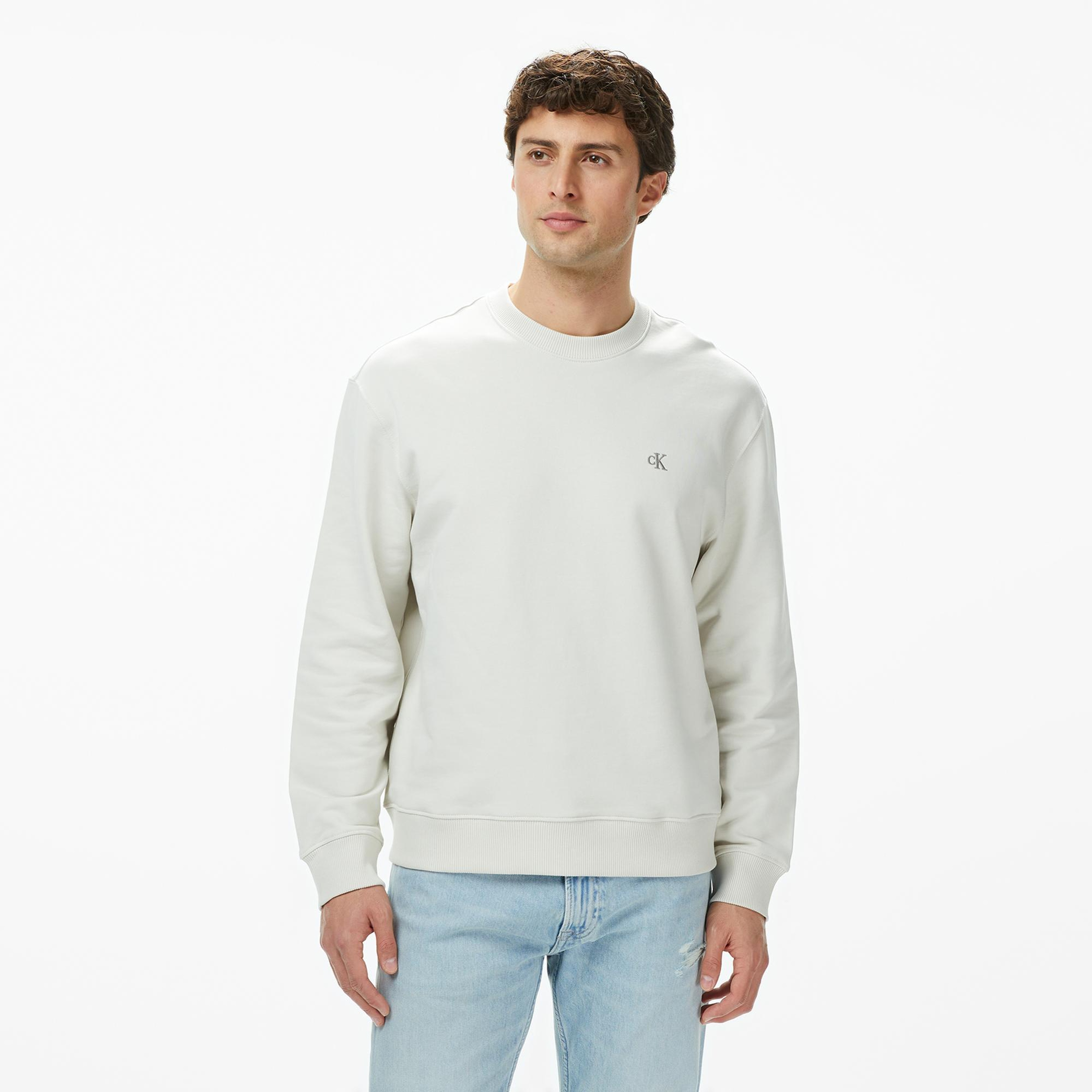 Calvin Klein Terry Monogram Erkek Beyaz Sweatshirt