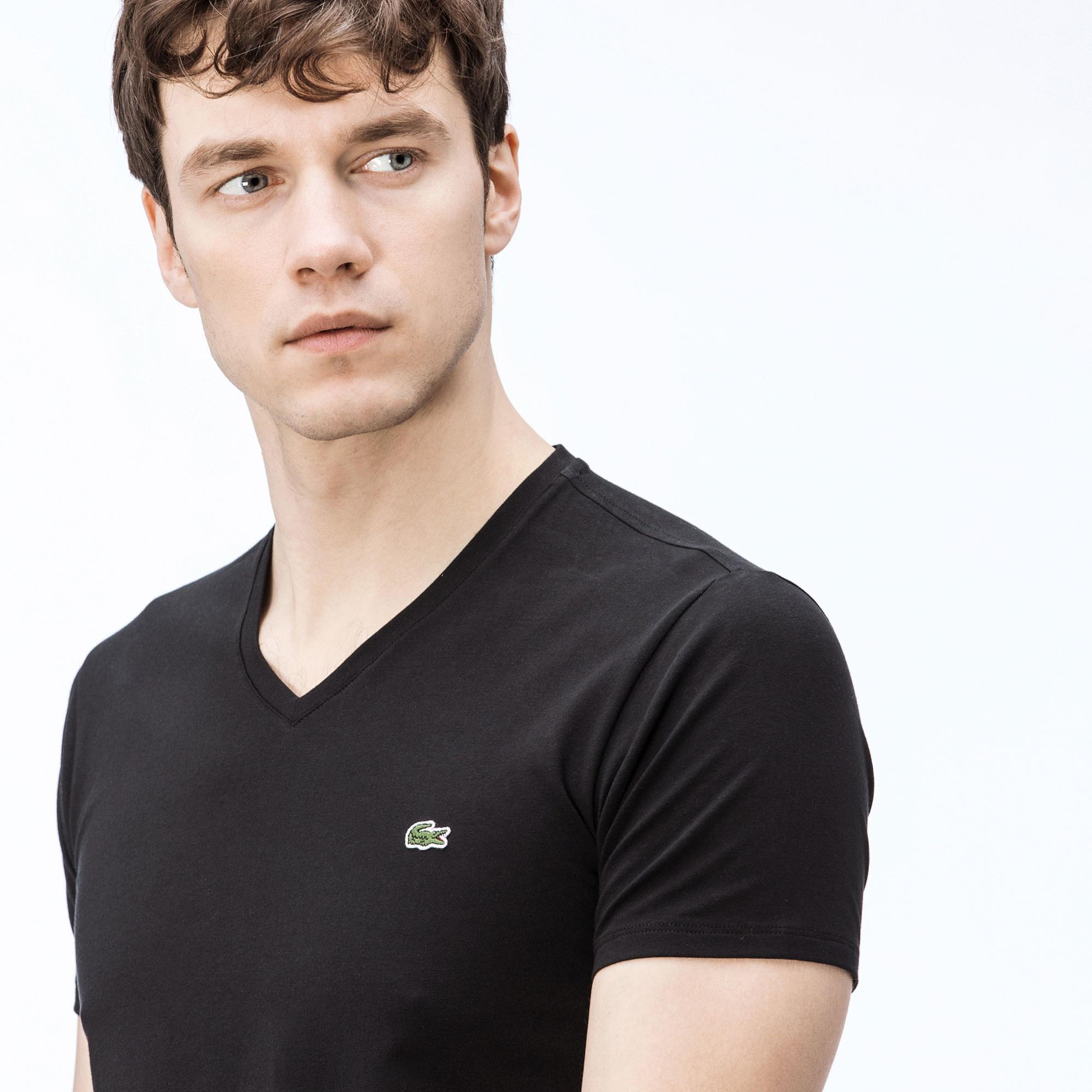 Erkek Slim Fit V Yaka Siyah T-Shirt