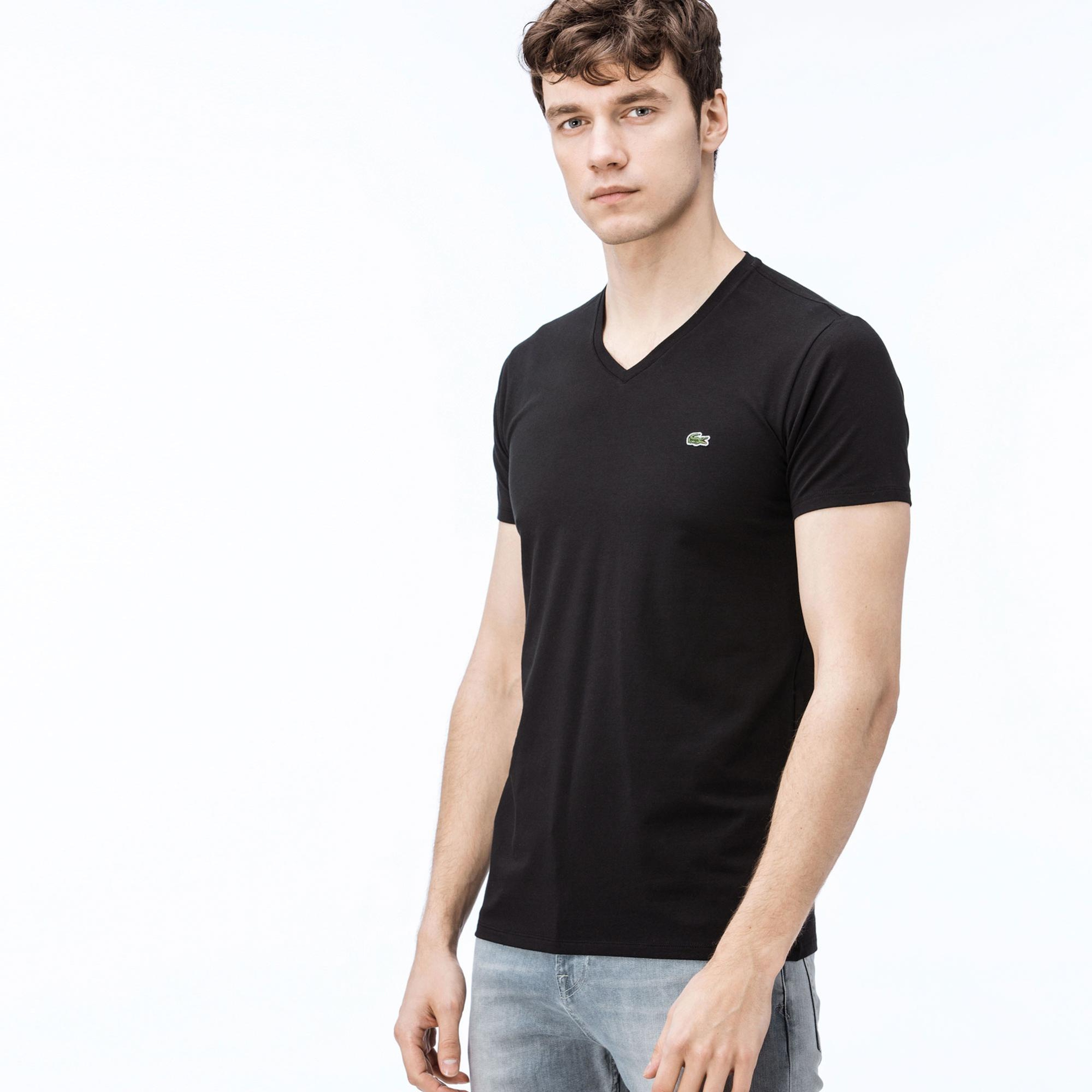 Erkek Slim Fit V Yaka Siyah T-Shirt