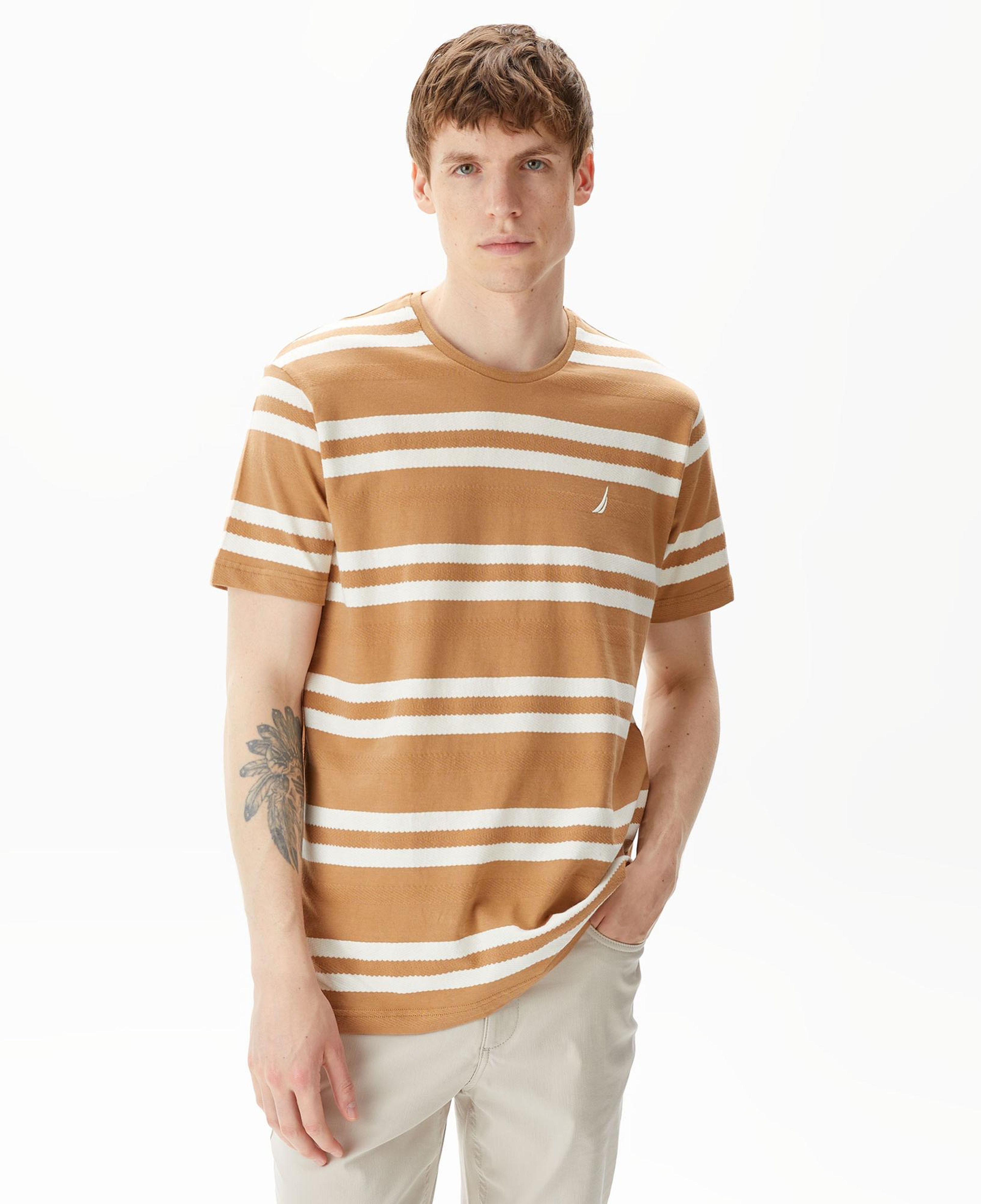 Nautica Erkek Bej Standart Fit Kısa Kollu Çizgili T-Shirt