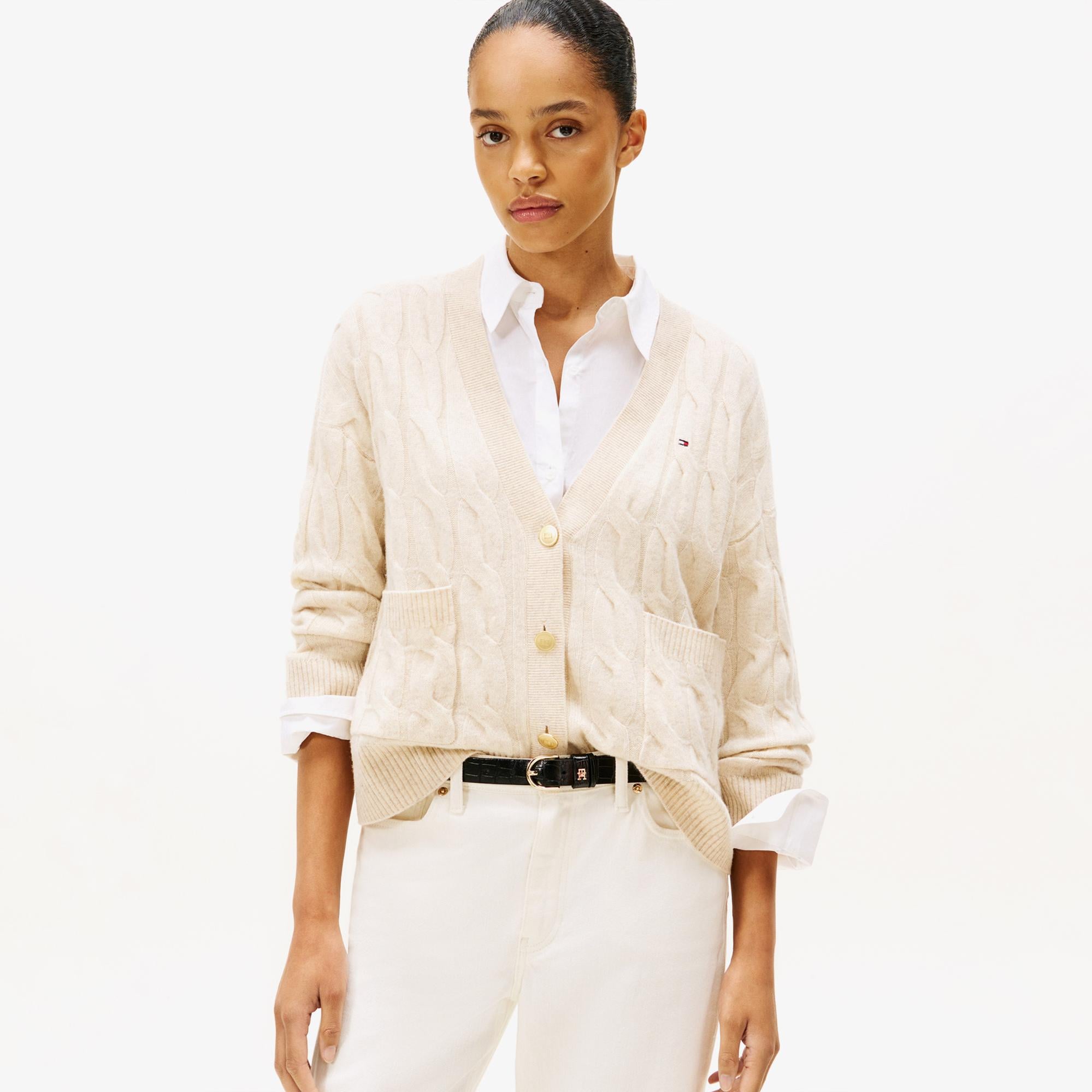 Tommy Hilfiger Soft Wool Cable Cardigan Kadın Bej Hırka