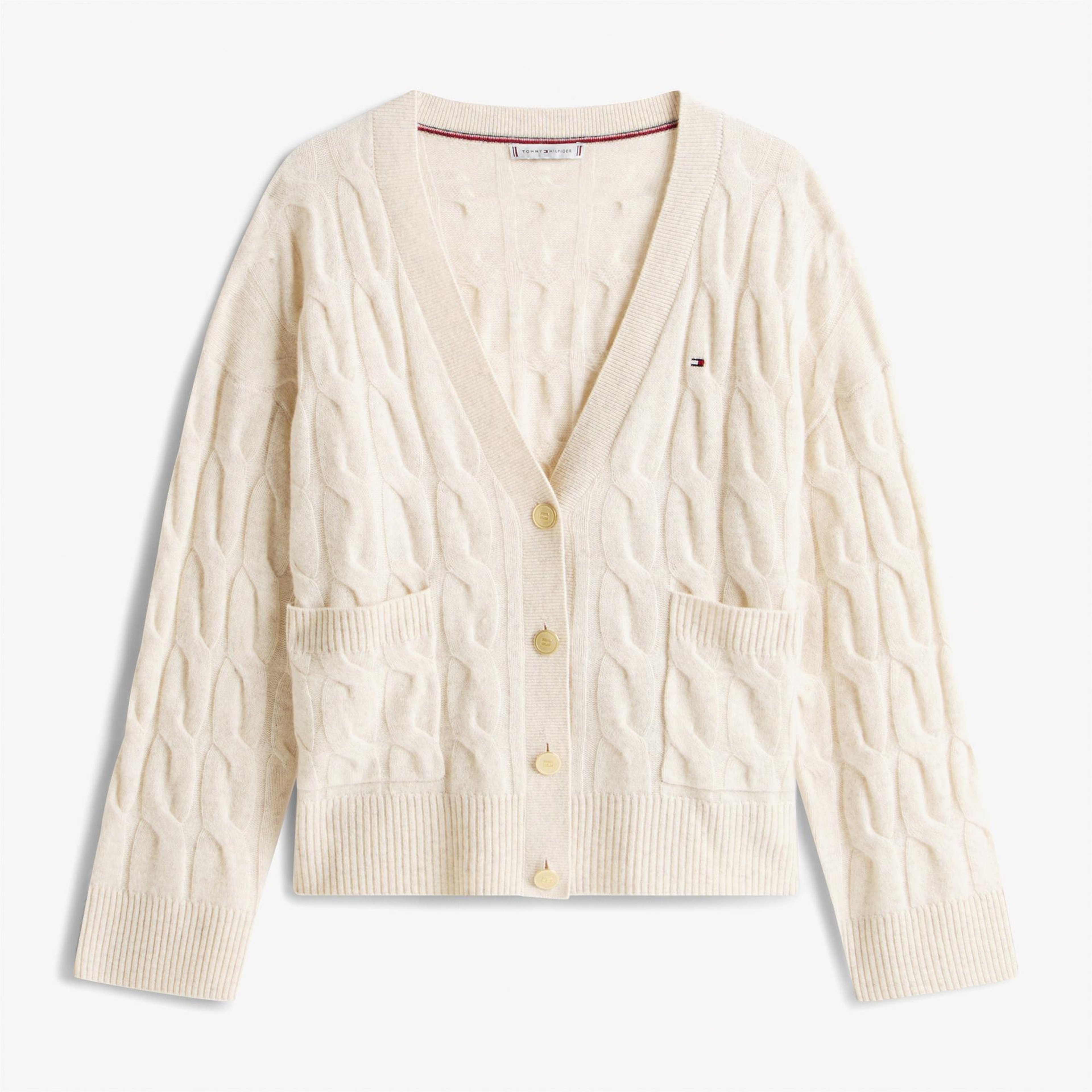 Tommy Hilfiger Soft Wool Cable Cardigan Kadın Bej Hırka