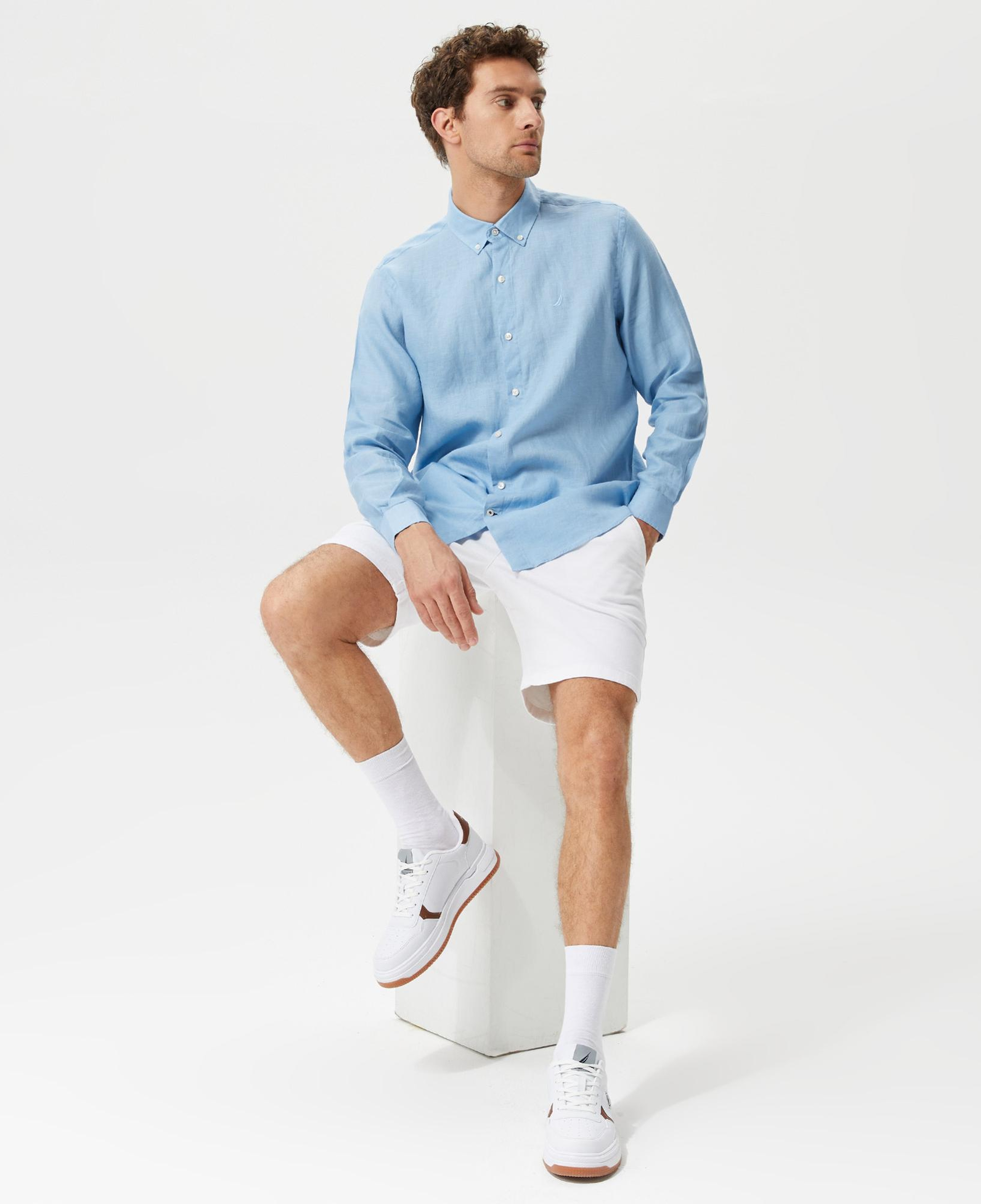 Nautica Erkek Mavi Classic Fit Uzun Kollu Keten Gömlek