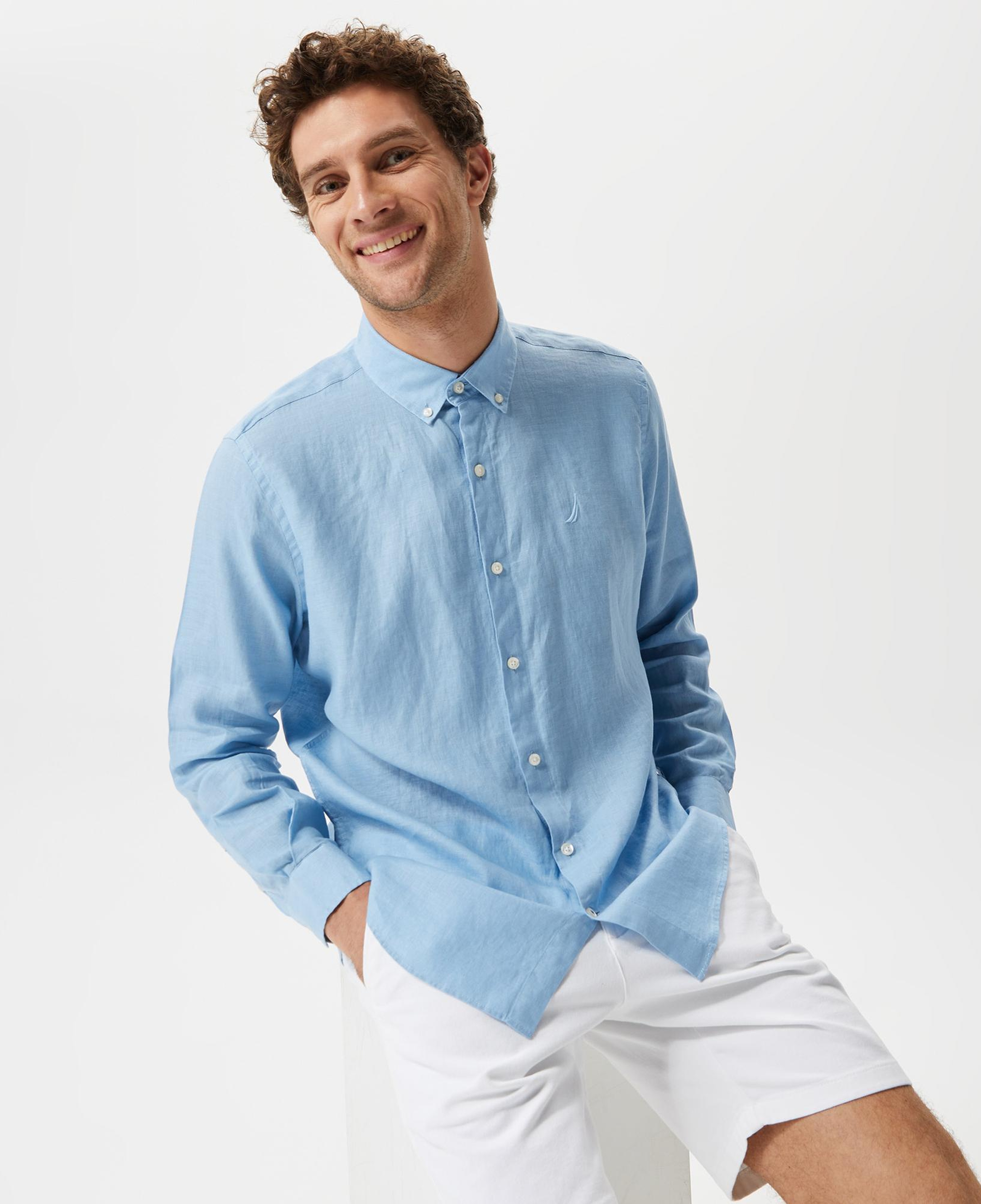 Nautica Erkek Mavi Classic Fit Uzun Kollu Keten Gömlek