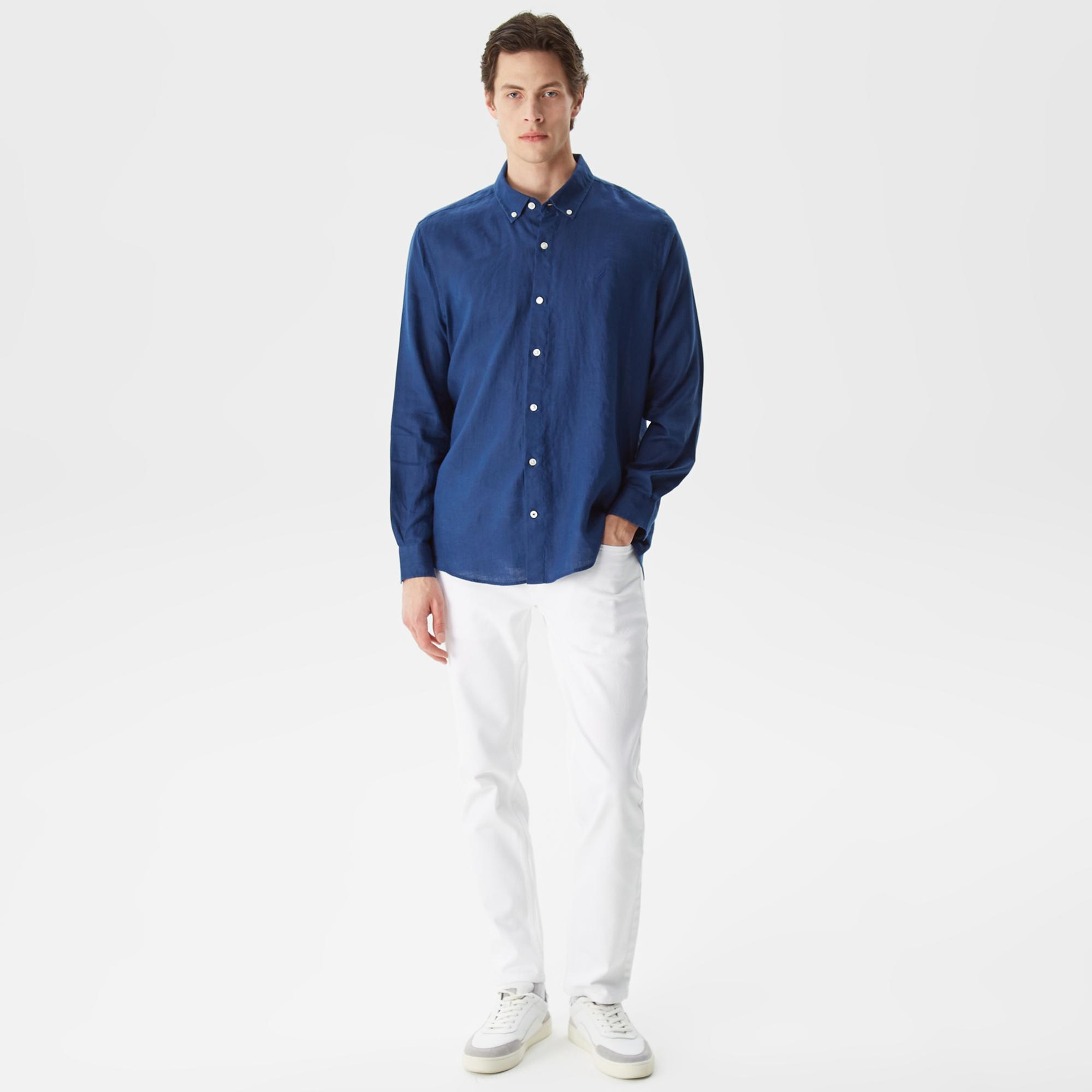 Nautica Erkek Lacivert Classic Fit Uzun Kollu Keten Gömlek