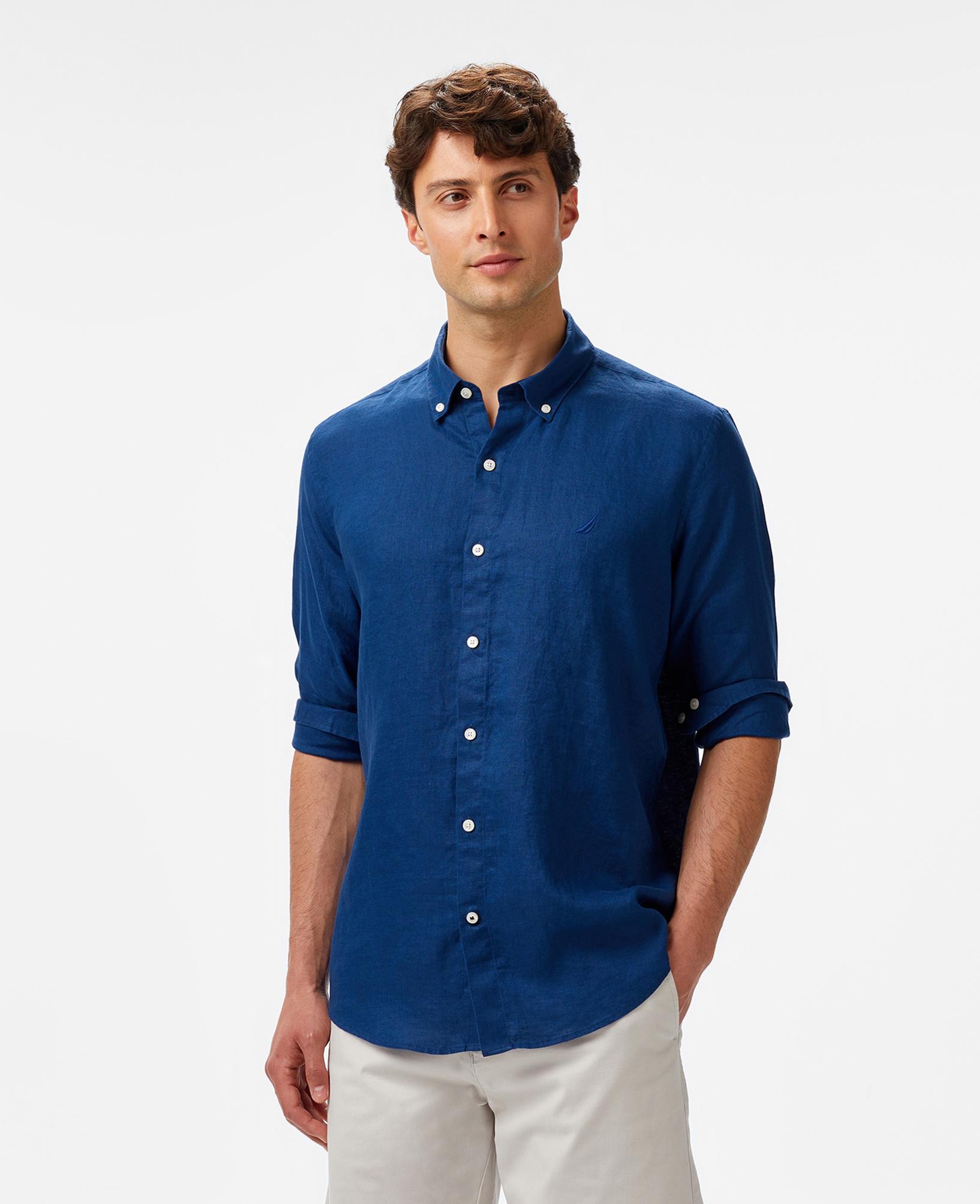 Nautica Erkek Mavi Classic Fit Keten Gömlek