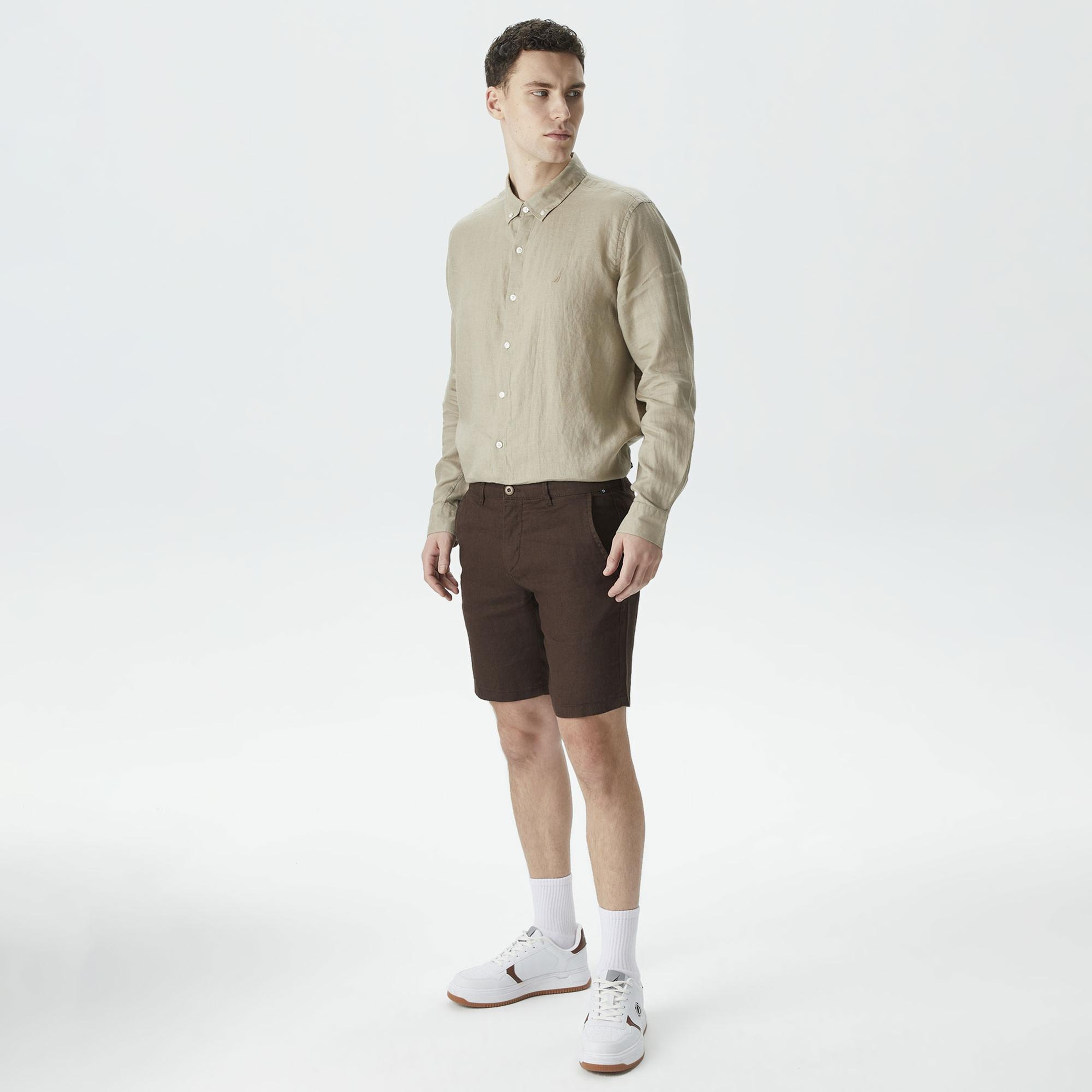 Nautica Erkek Kahverengi Slim Fit Keten Bermuda