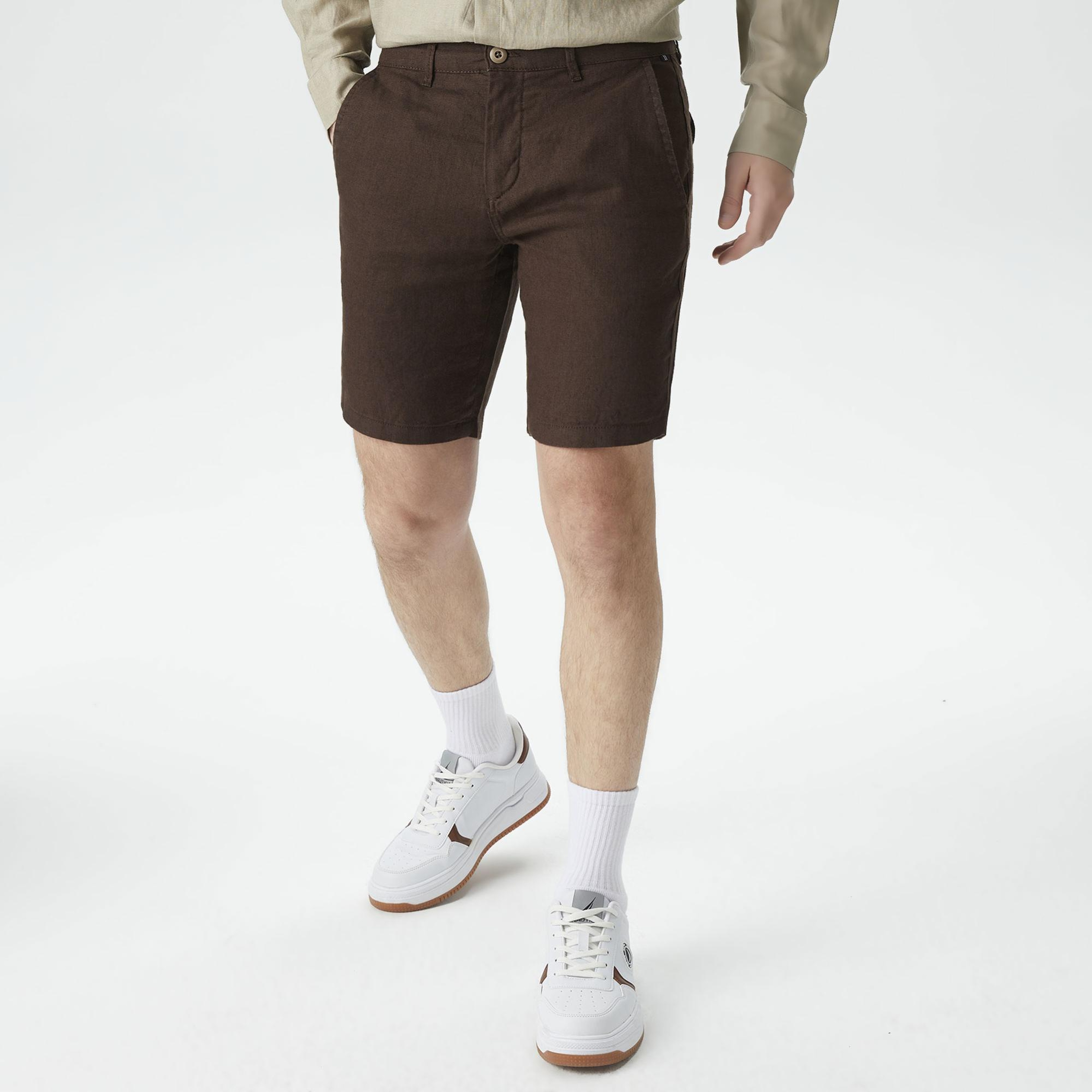 Nautica Erkek Kahverengi Slim Fit Keten Bermuda