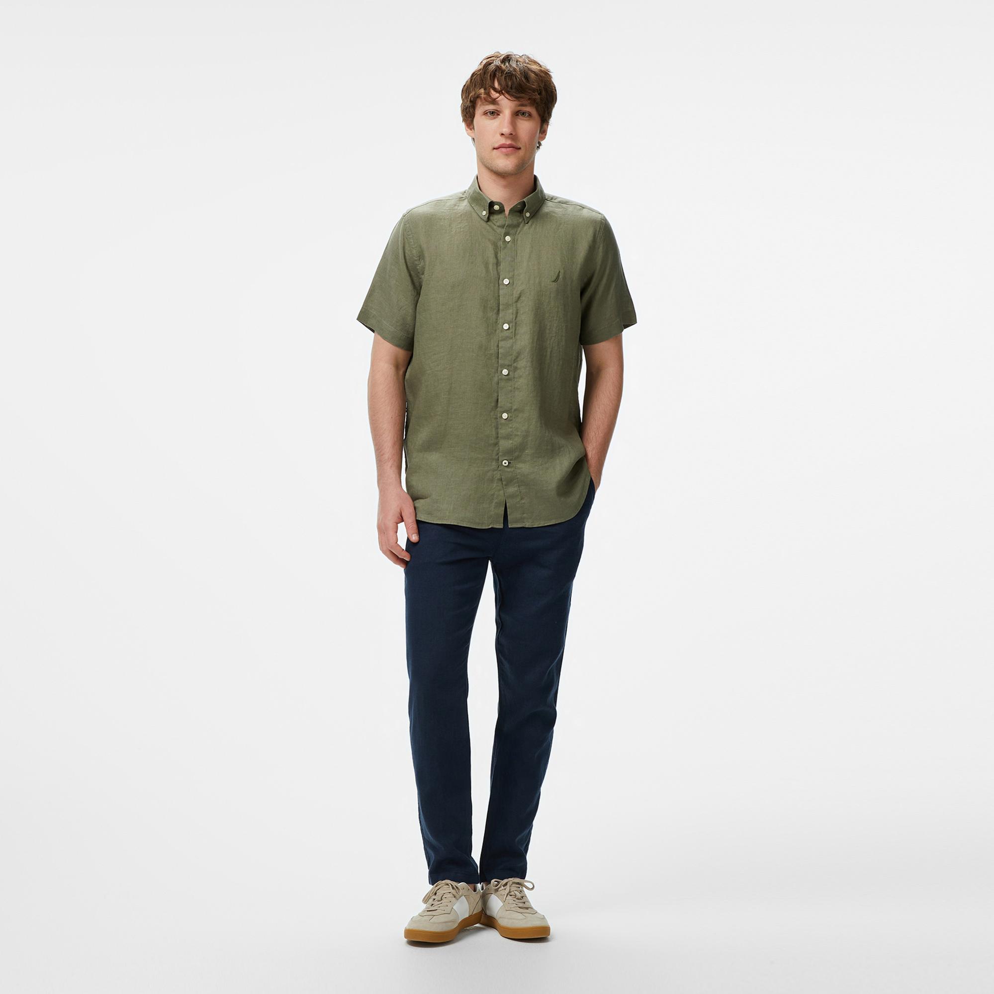 Nautica Erkek Yeşil Classic Fit Keten Gömlek