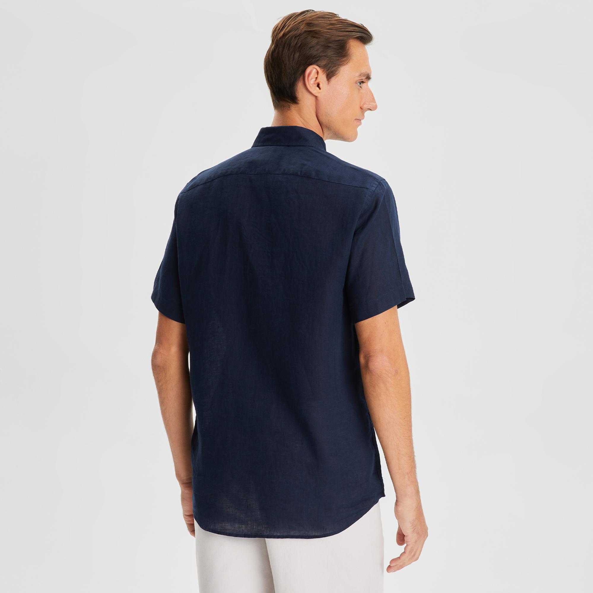 Nautica Erkek Lacivert Classic Fit Kısa Kollu Keten Gömlek