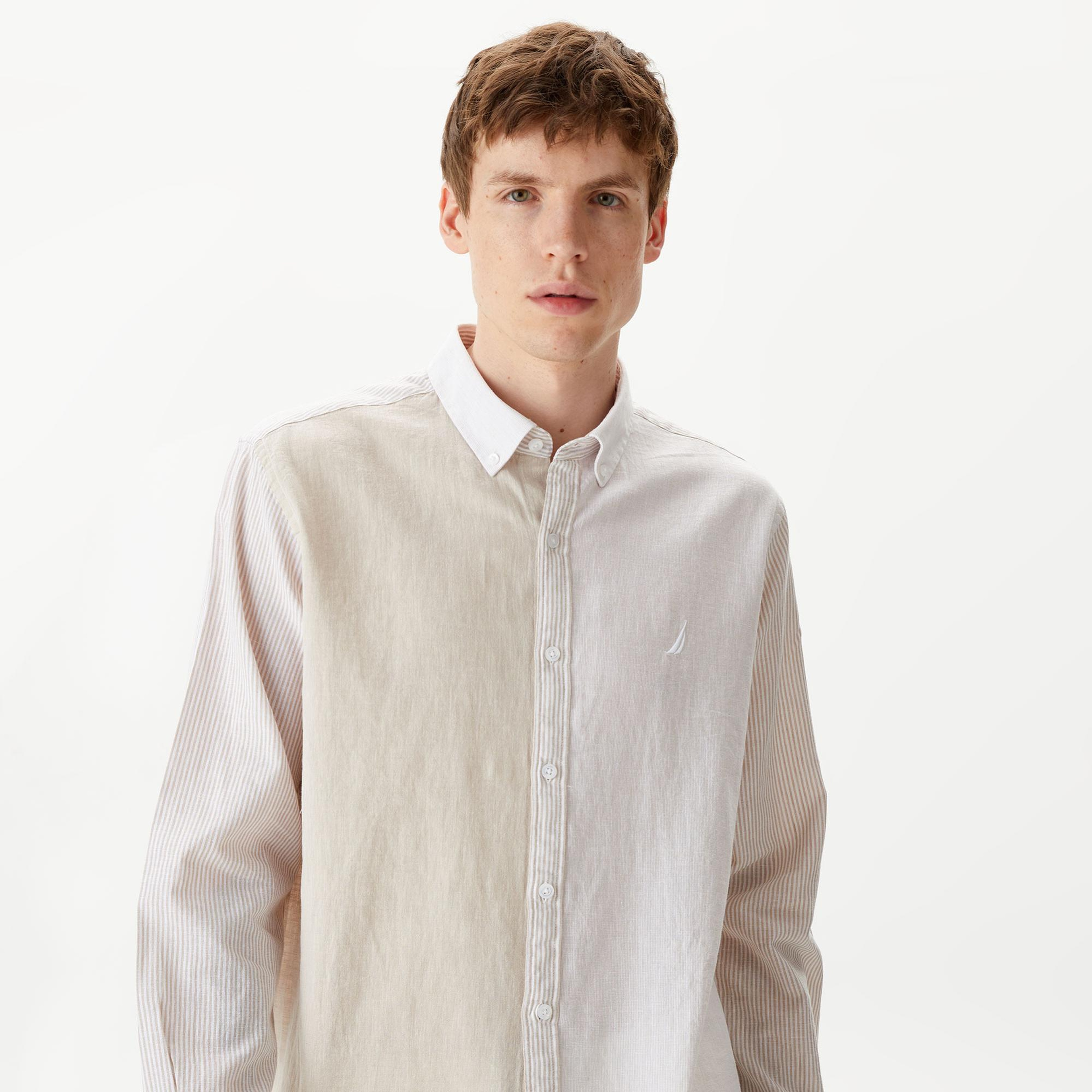 Nautica Erkek Kırık Beyaz Classic Fit Uzun Kollu Renk Bloklu Gömlek