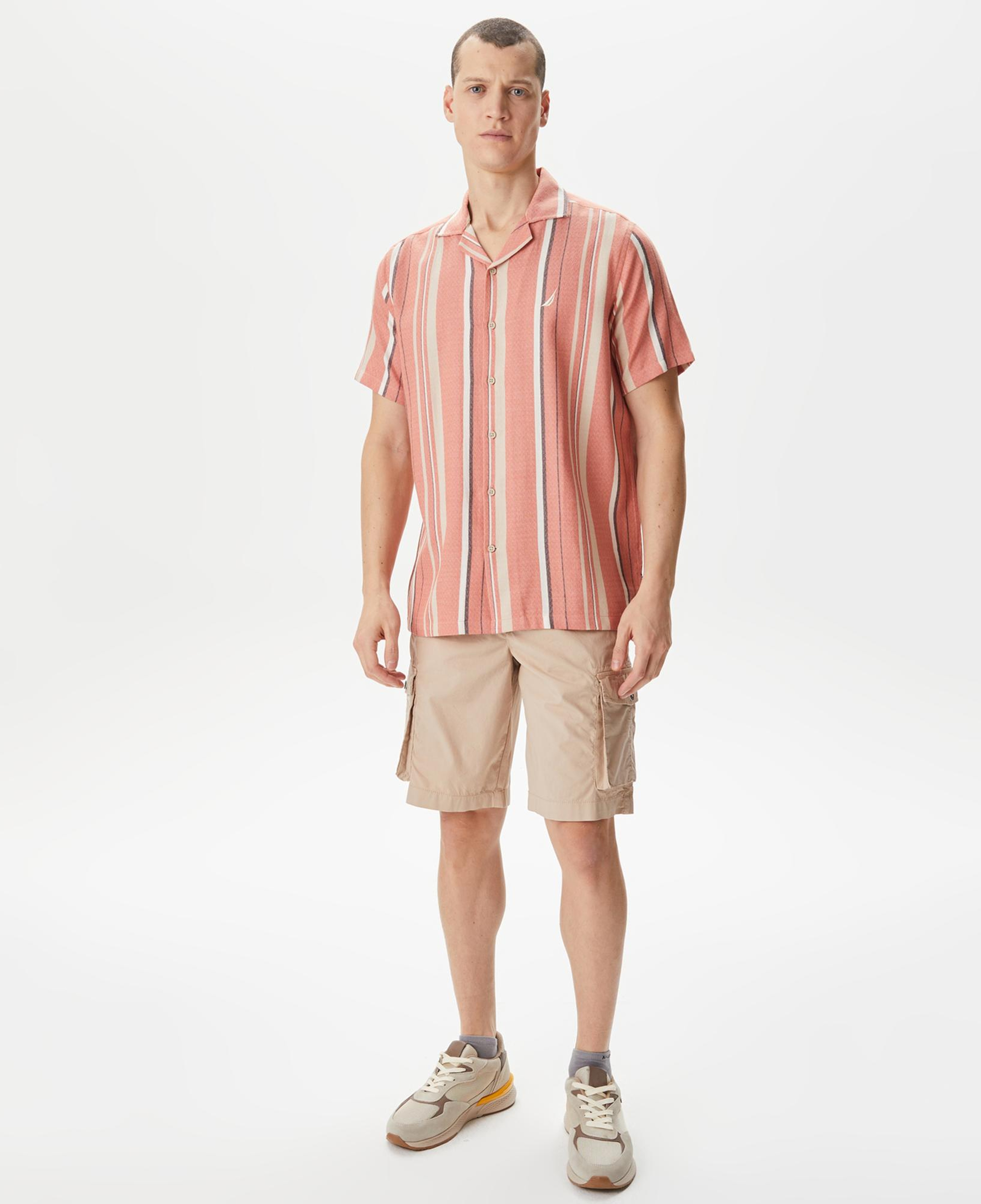 Nautica Erkek Turuncu Classic Fit Kısa Kollu Çizgili Gömlek