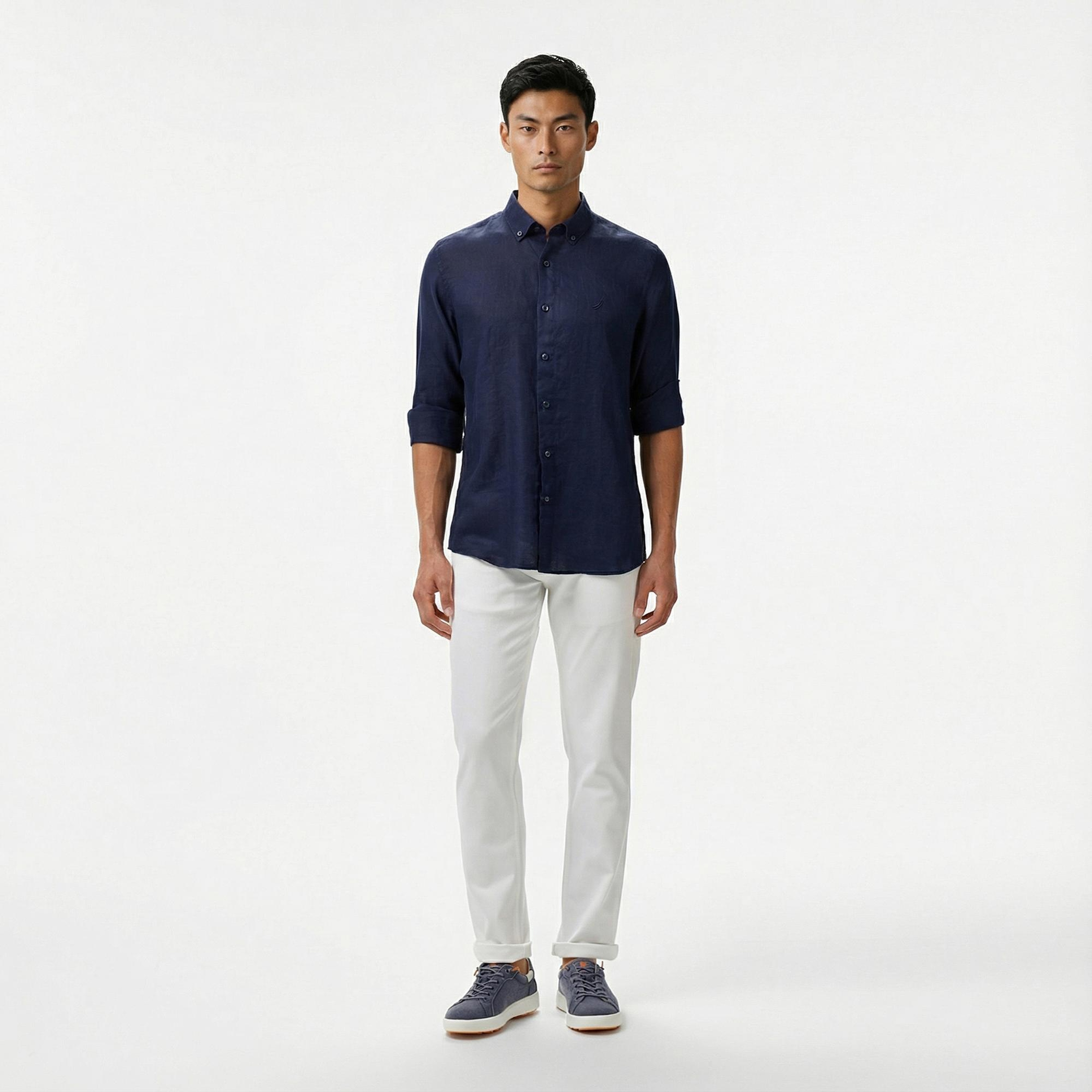 Nautica Erkek Lacivert Classic Fit Keten Gömlek
