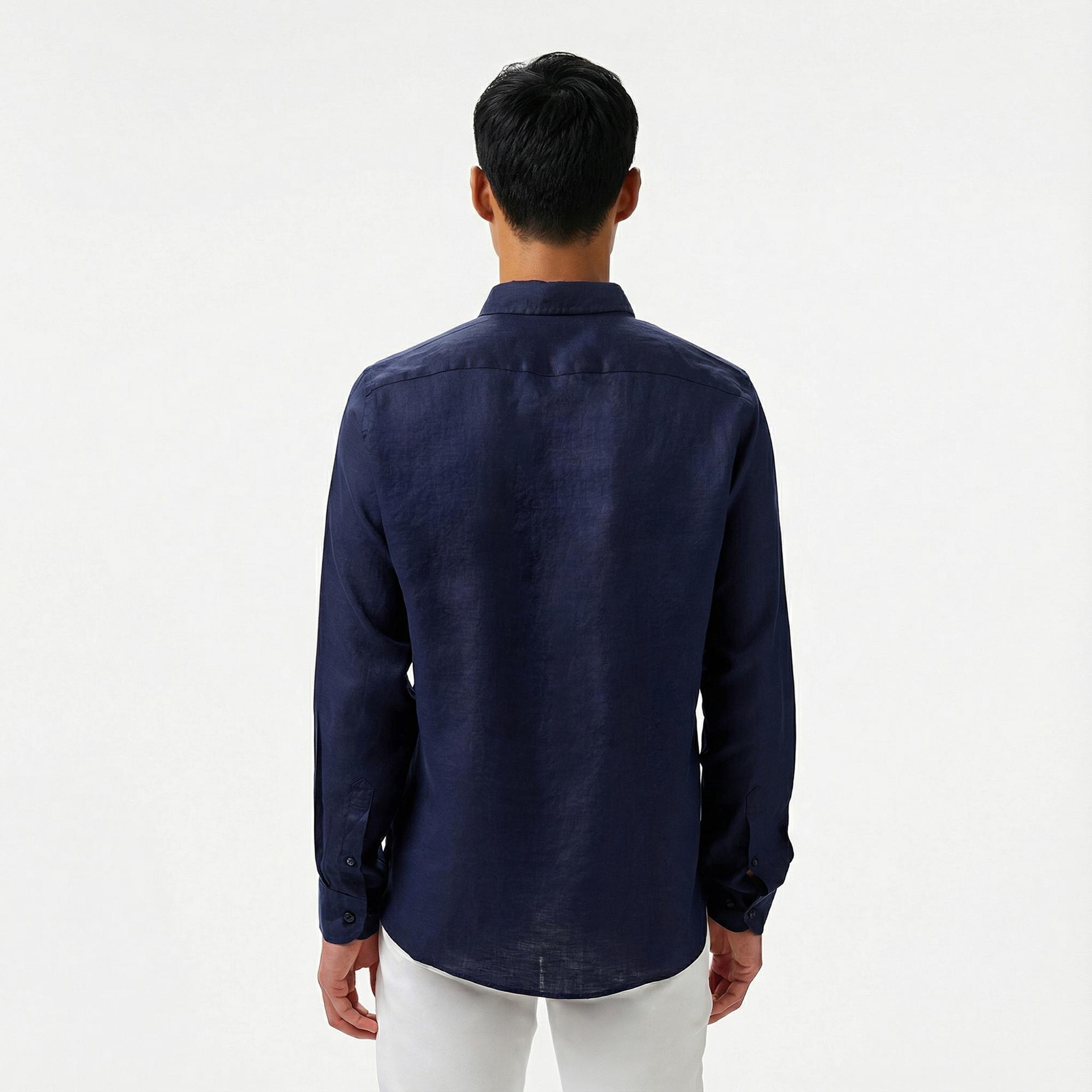 Nautica Erkek Lacivert Classic Fit Keten Gömlek