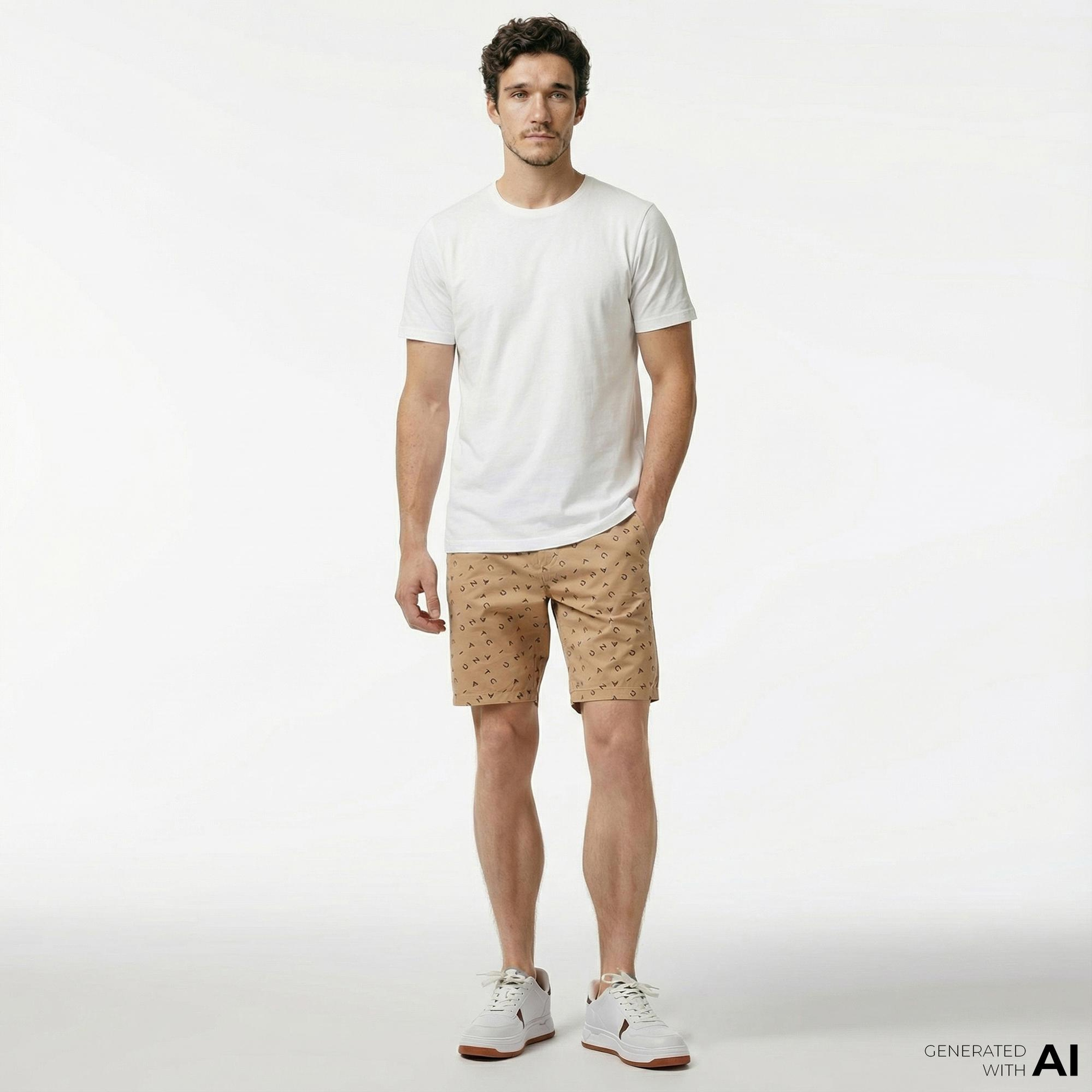 Nautica Erkek Bej Slim Fit Baskılı Bermuda