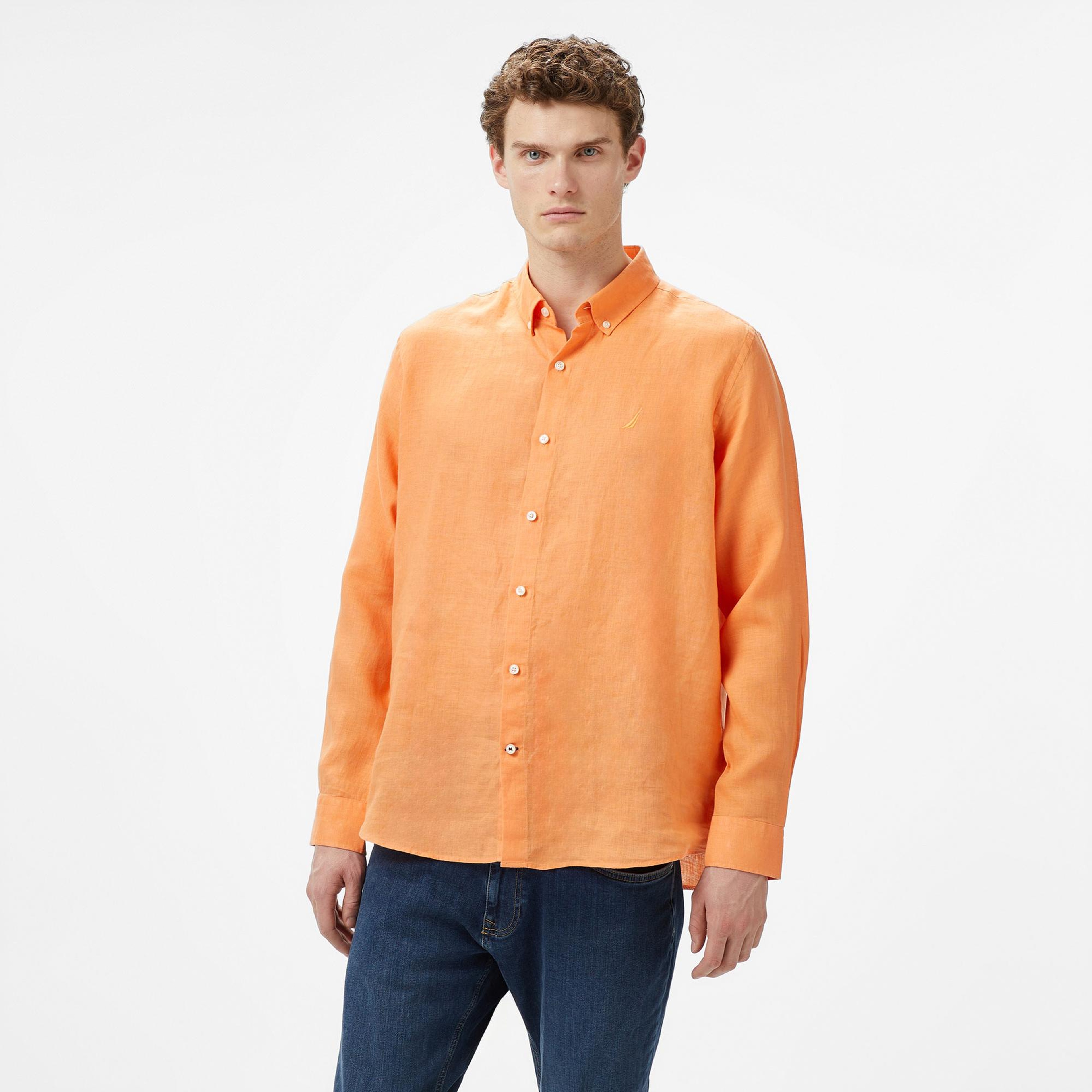 Nautica Erkek Turuncu Classic Fit Uzun Kollu Keten Gömlek