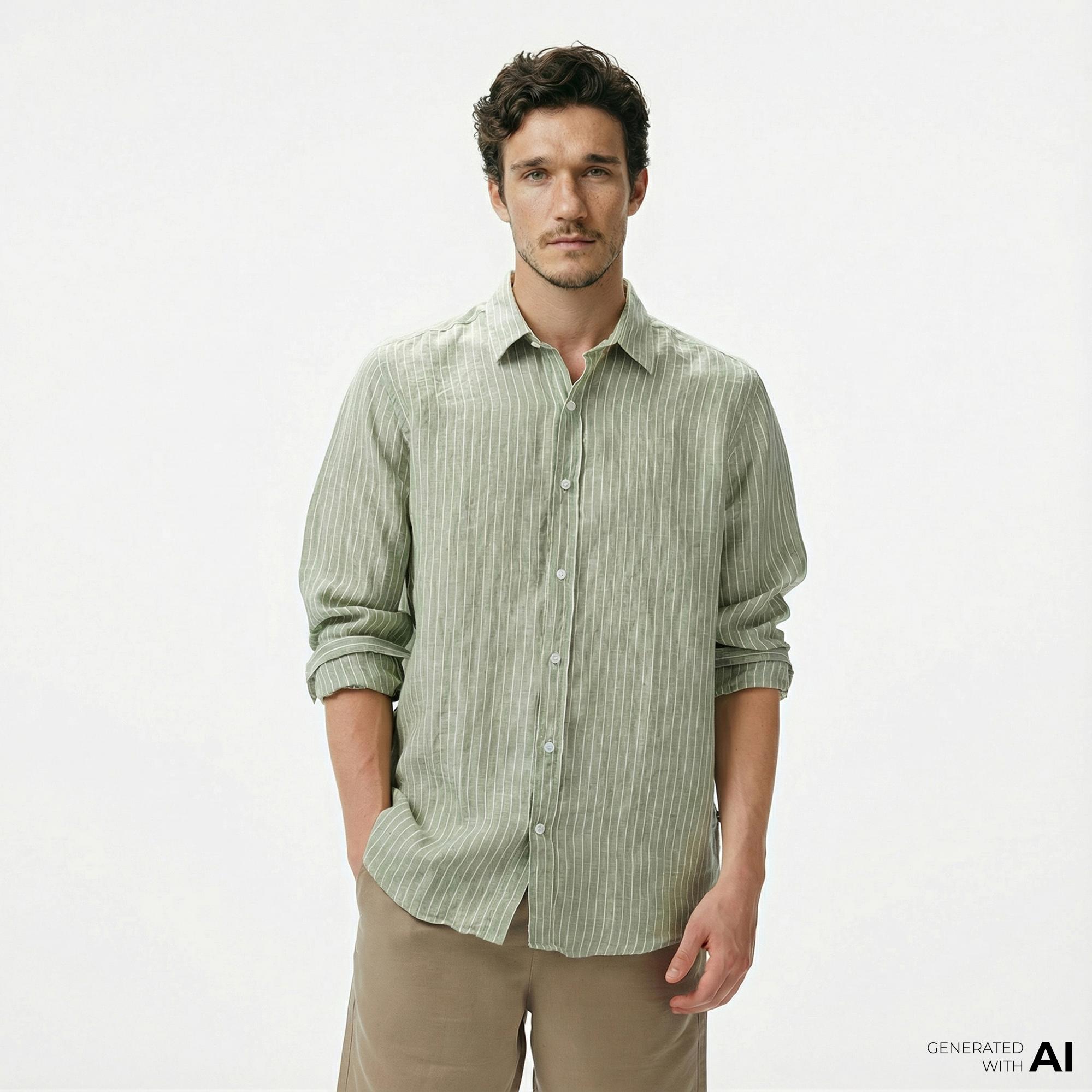 Nautica Erkek Yeşil Classic Fit Çizgili Keten Gömlek