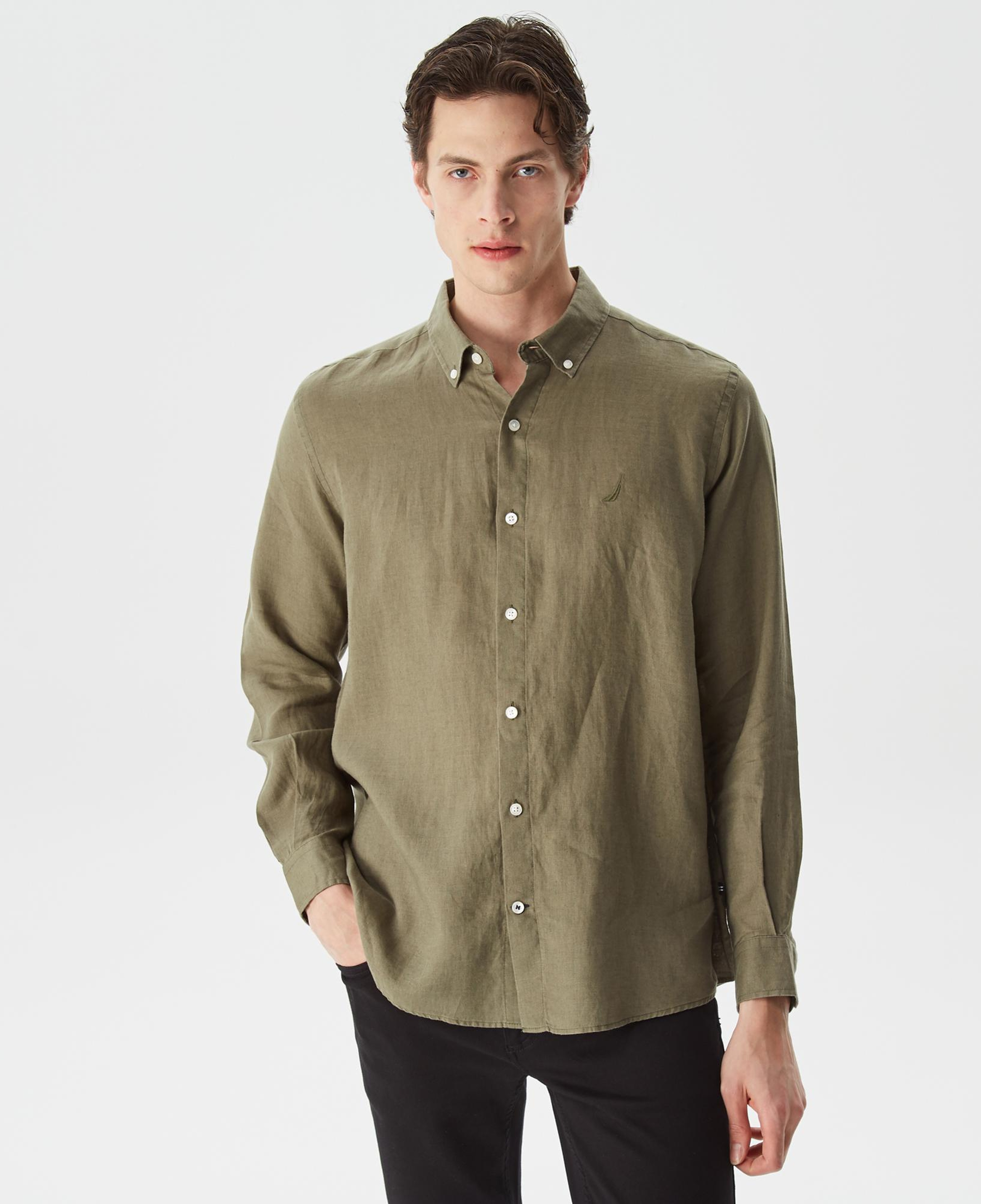 Nautica Erkek Yeşil Classic Fit Uzun Kollu Keten Gömlek