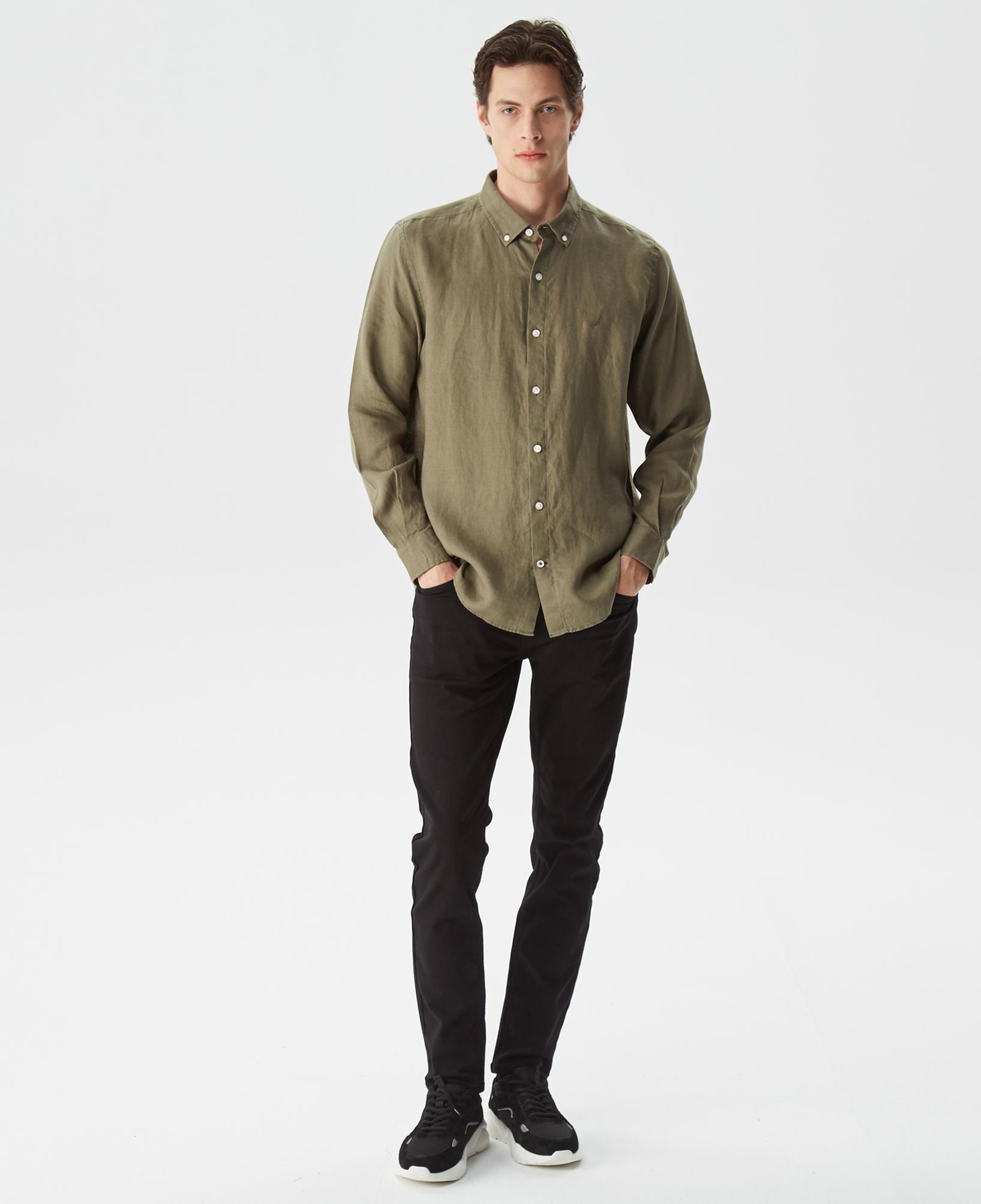 Nautica Erkek Yeşil Classic Fit Uzun Kollu Keten Gömlek
