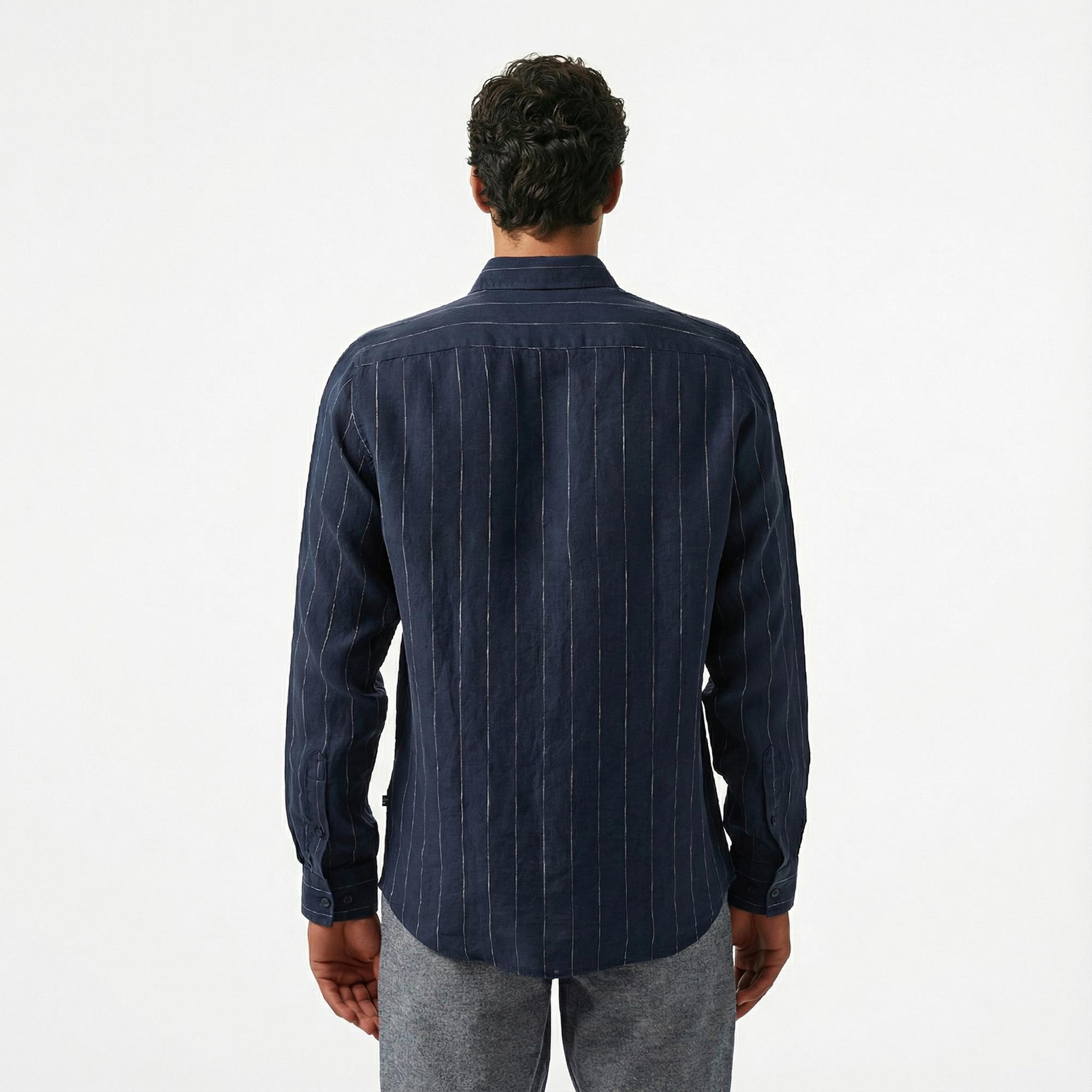 Nautica Erkek Lacivert Classic Fit Çizgili Gömlek