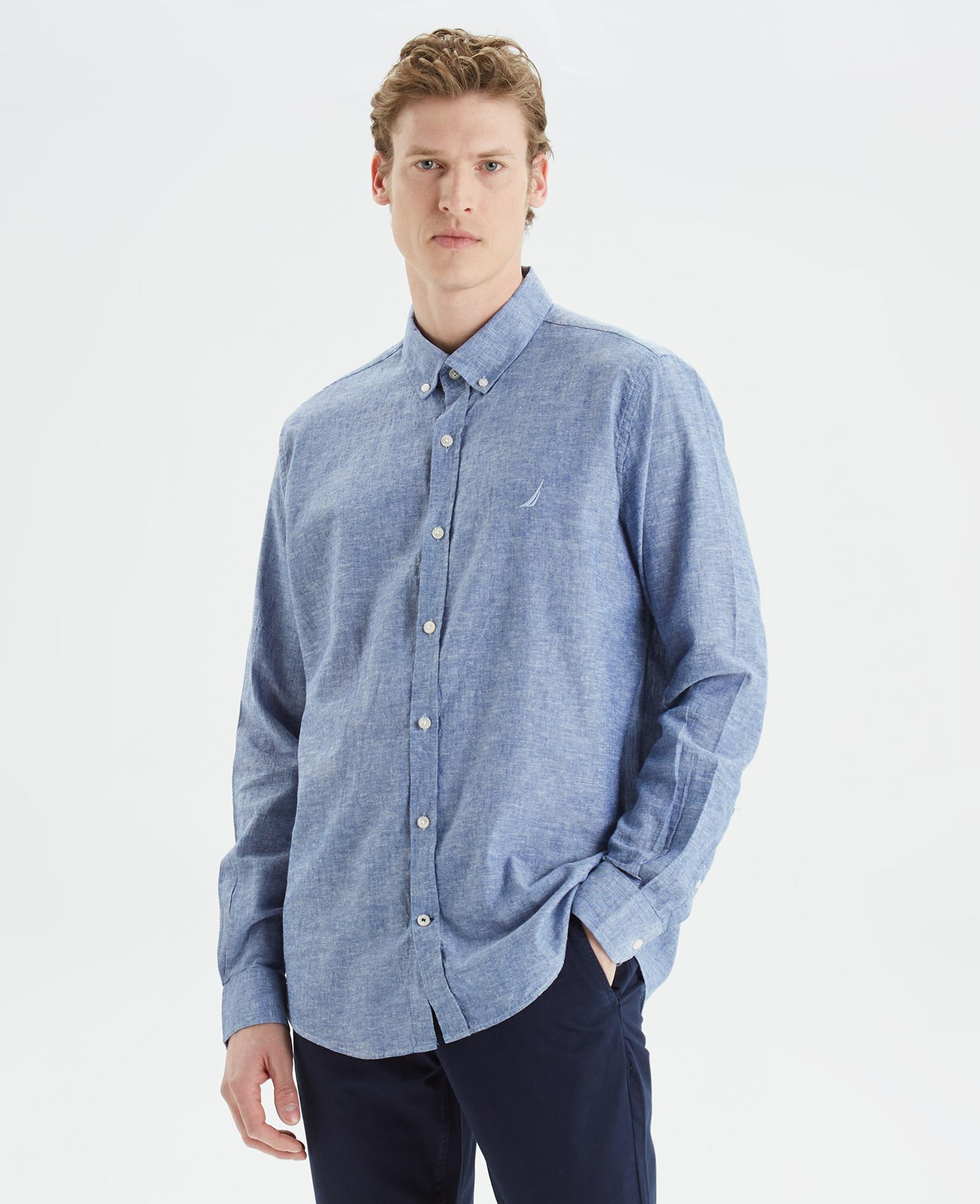 Nautica Erkek Mavi Slim Fit Uzun Kollu Keten Gömlek