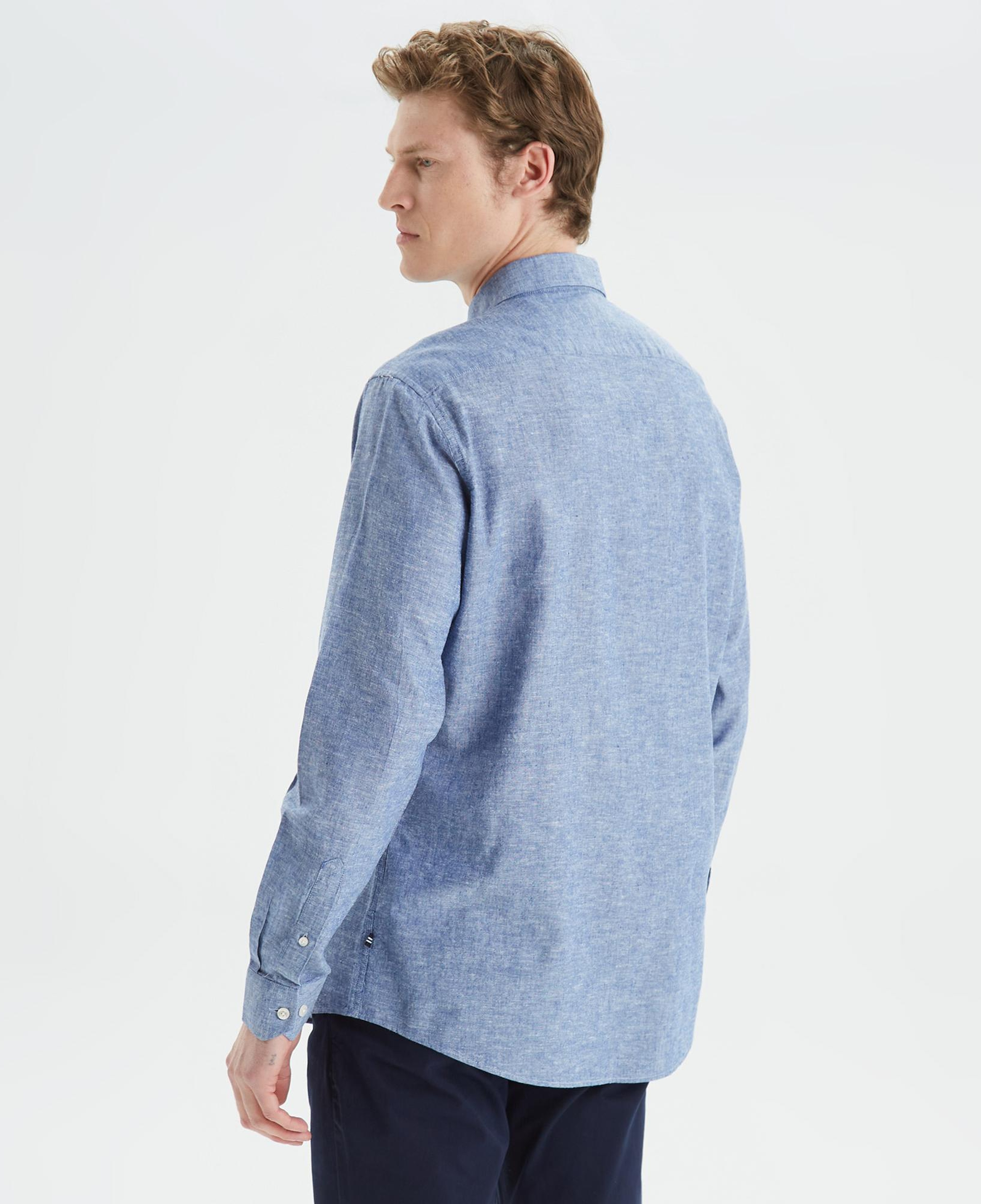 Nautica Erkek Mavi Slim Fit Uzun Kollu Keten Gömlek