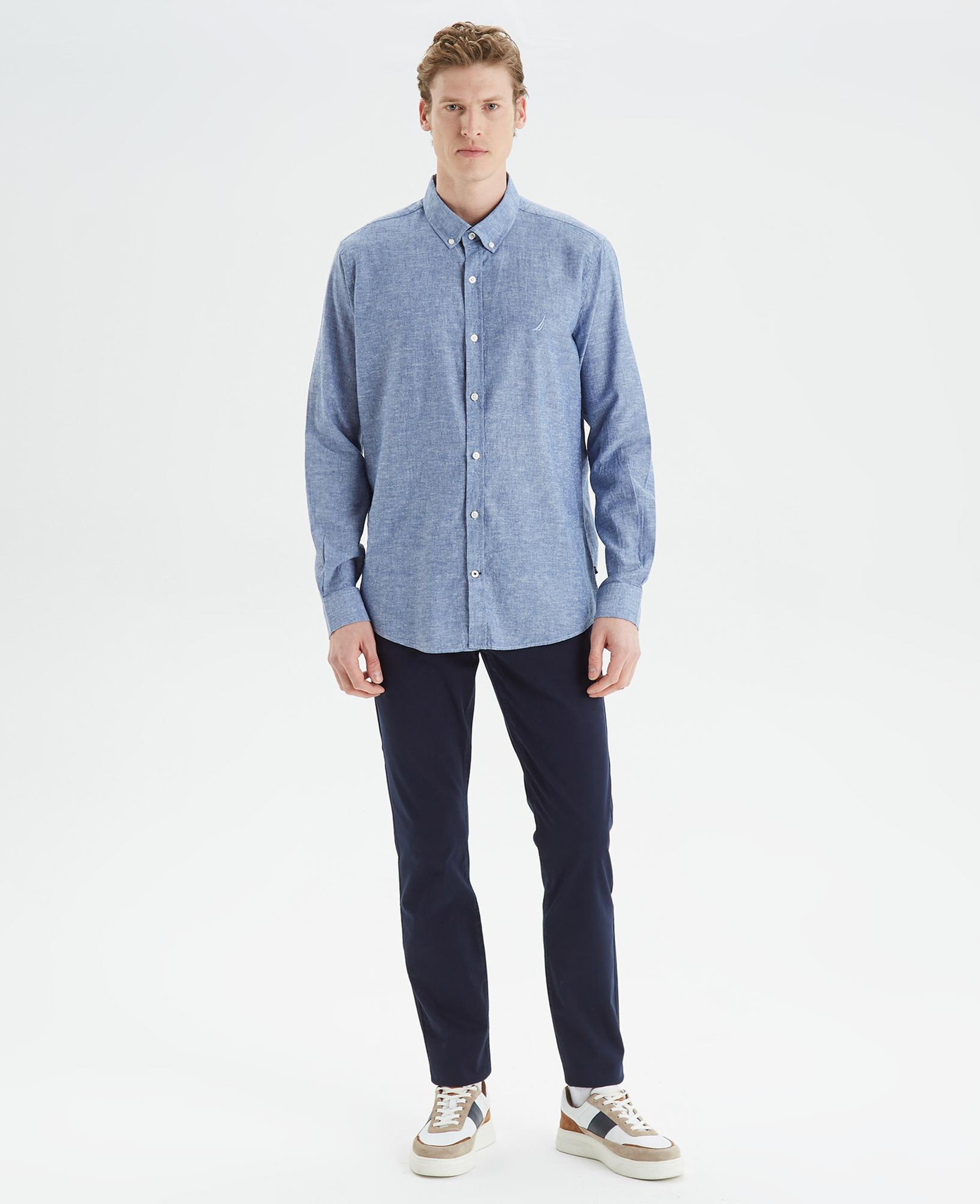 Nautica Erkek Mavi Slim Fit Uzun Kollu Keten Gömlek