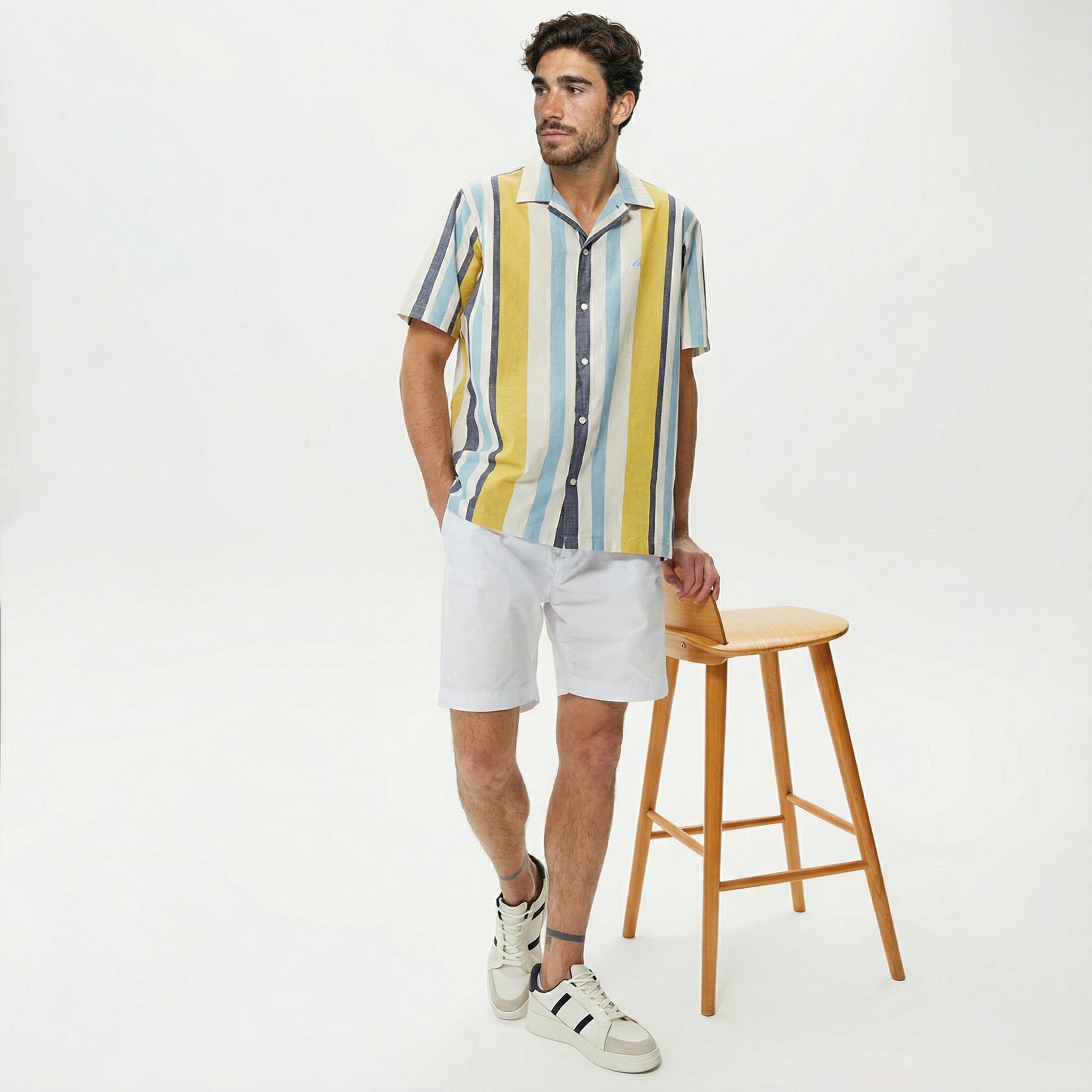 Nautica Erkek Çizgili Classic Renkli Fit Kısa Kollu Keten Gömlek