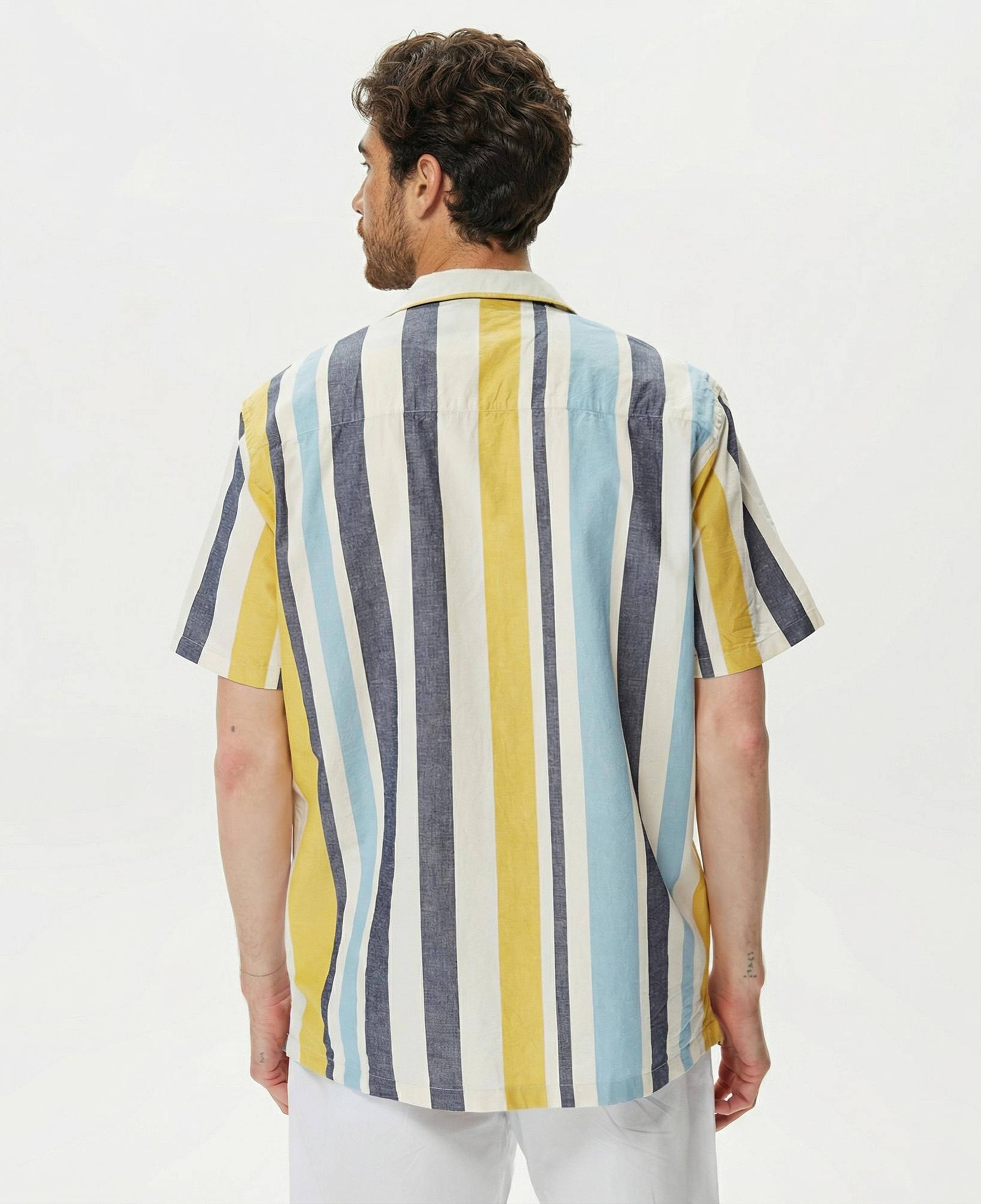 Nautica Erkek Çizgili Classic Renkli Fit Kısa Kollu Keten Gömlek