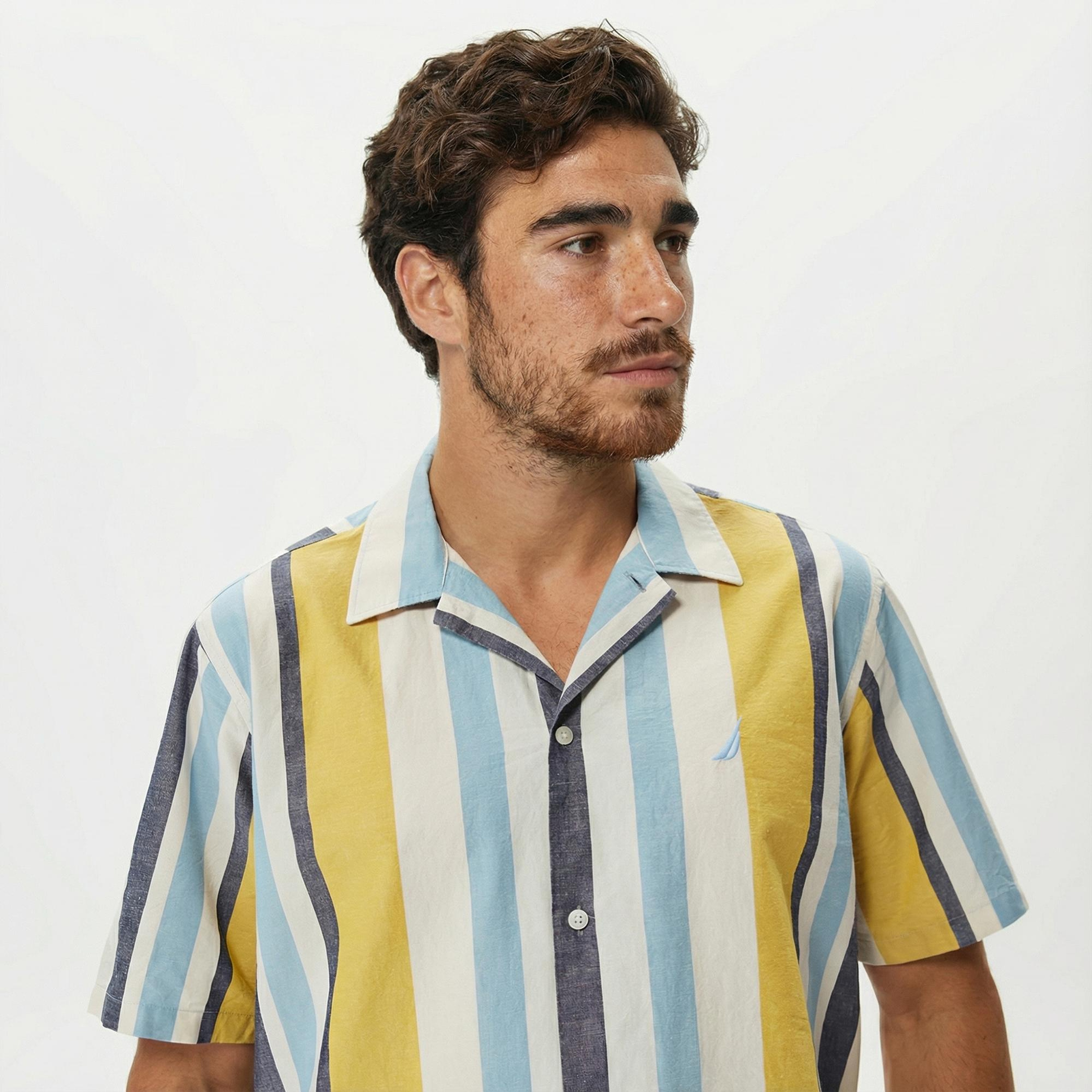 Nautica Erkek Çizgili Classic Renkli Fit Kısa Kollu Keten Gömlek